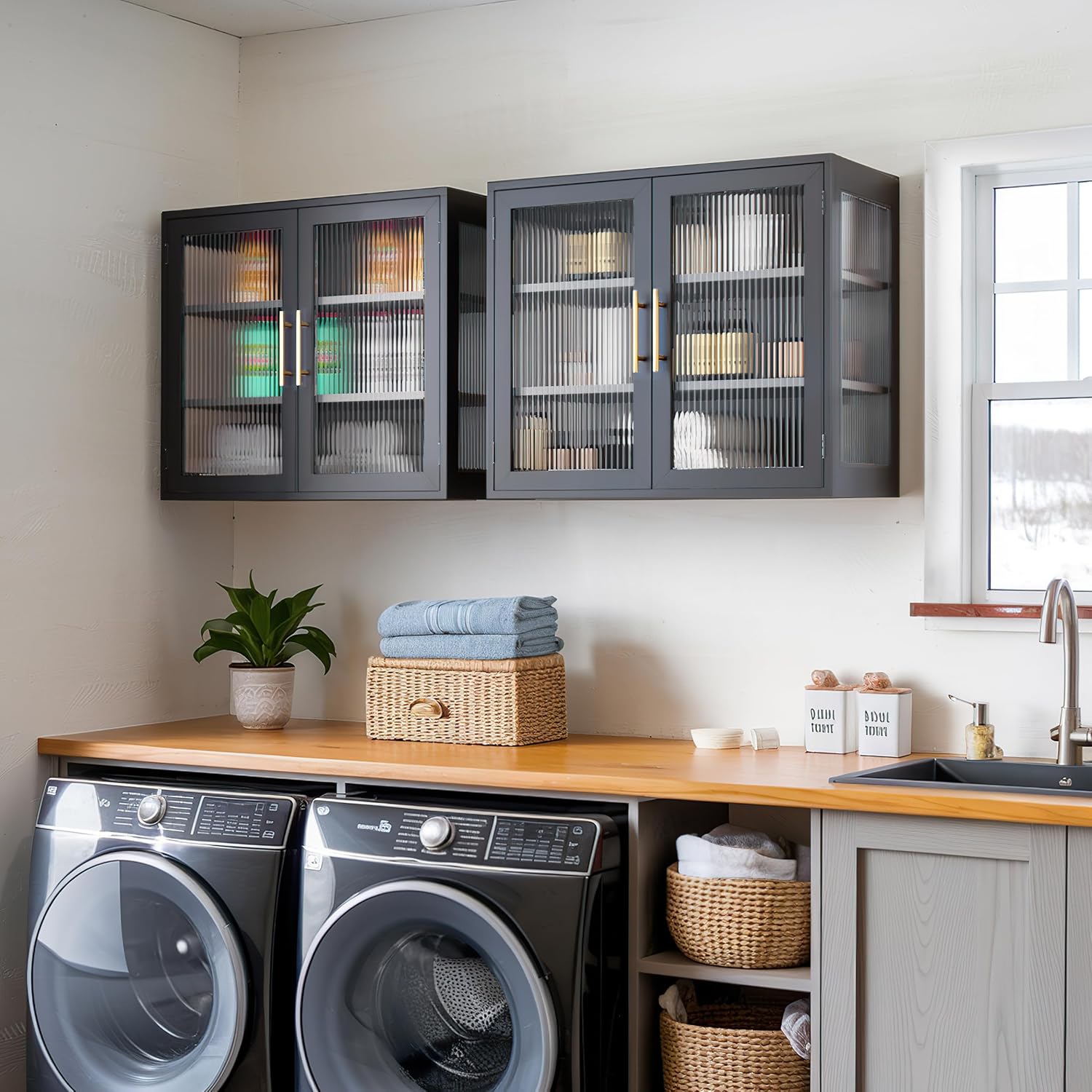 NEWOWNDS Kitchen Wall Cabinet Set, Black, Glass Doors, Floating with Adjustable Shelves for Bathroom, Dining Room, Laundry