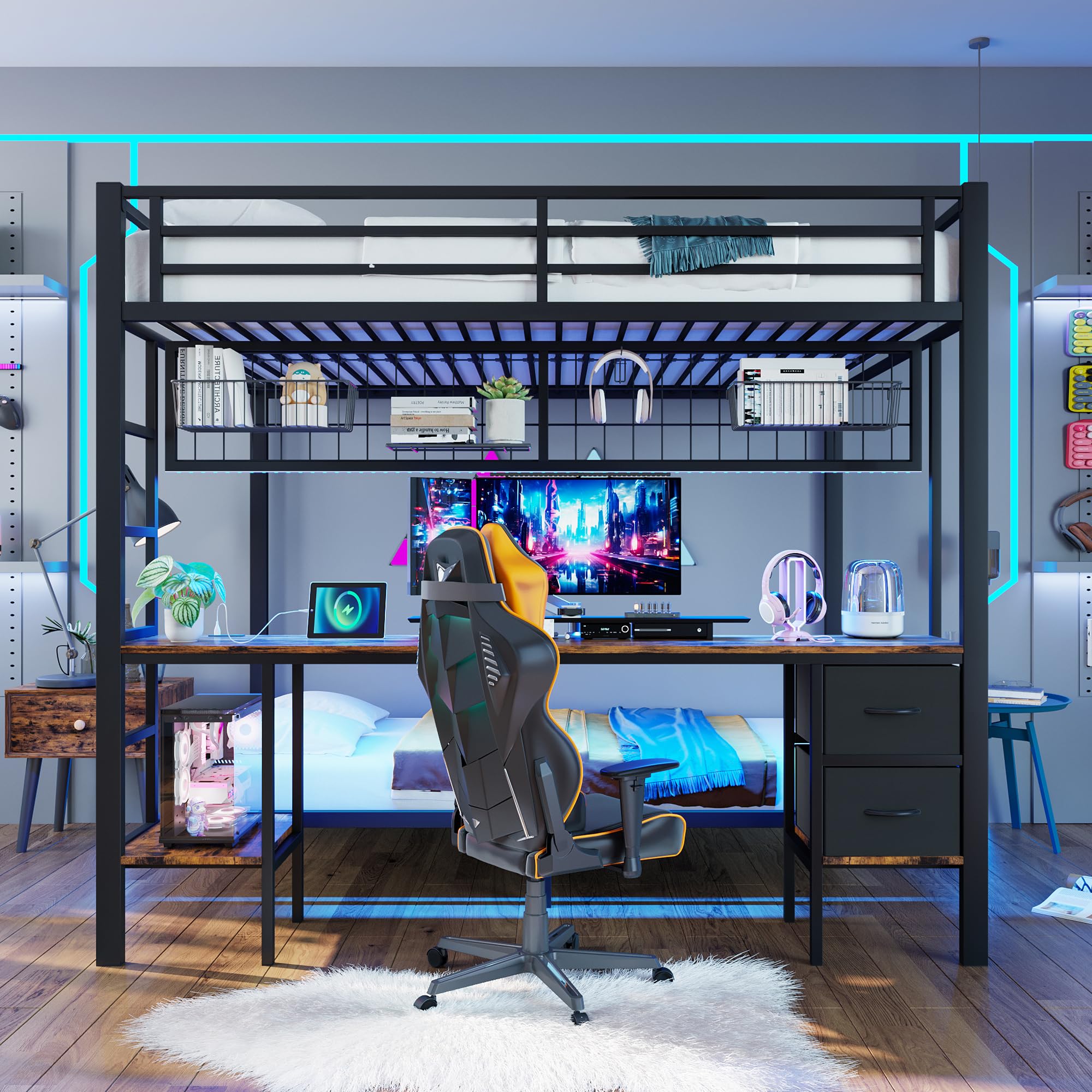Cama alta con escritorio de 90 x 200 y 140 x 200 cm, litera con iluminación LED, conexiones USB, 2 cajones, estantes y estantes para colgar, estructura de cama de metal, sin colchón (negro)