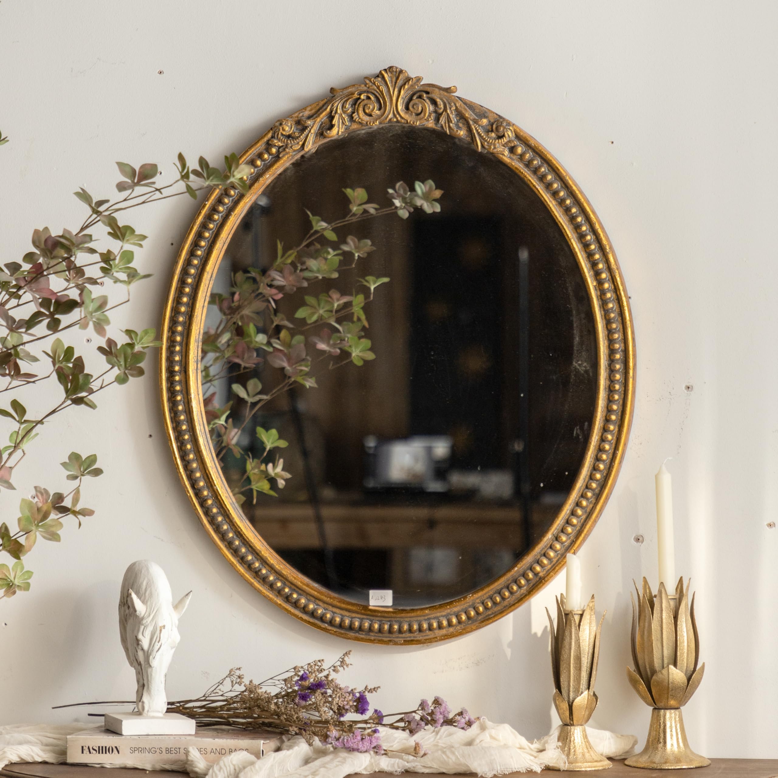 ZIYOO Vintage Ornate Oval Wall Mirror, Baroque Gold Framed Decorative Mirror, Ornate Antique Accent Mirror for Living Room, Bedroom, Entryway, Vanity 26"x31"