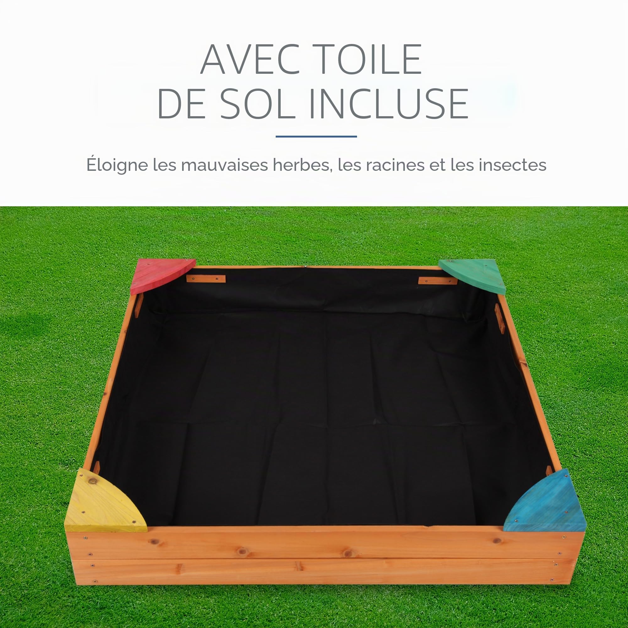Bestlivings Bac à sable en bois avec couvercle 90 x 90 x 16 cm - Avec tapis de sol contre les mauvaises herbes et les insectes - Bac à sable avec coins colorés pour le jardin