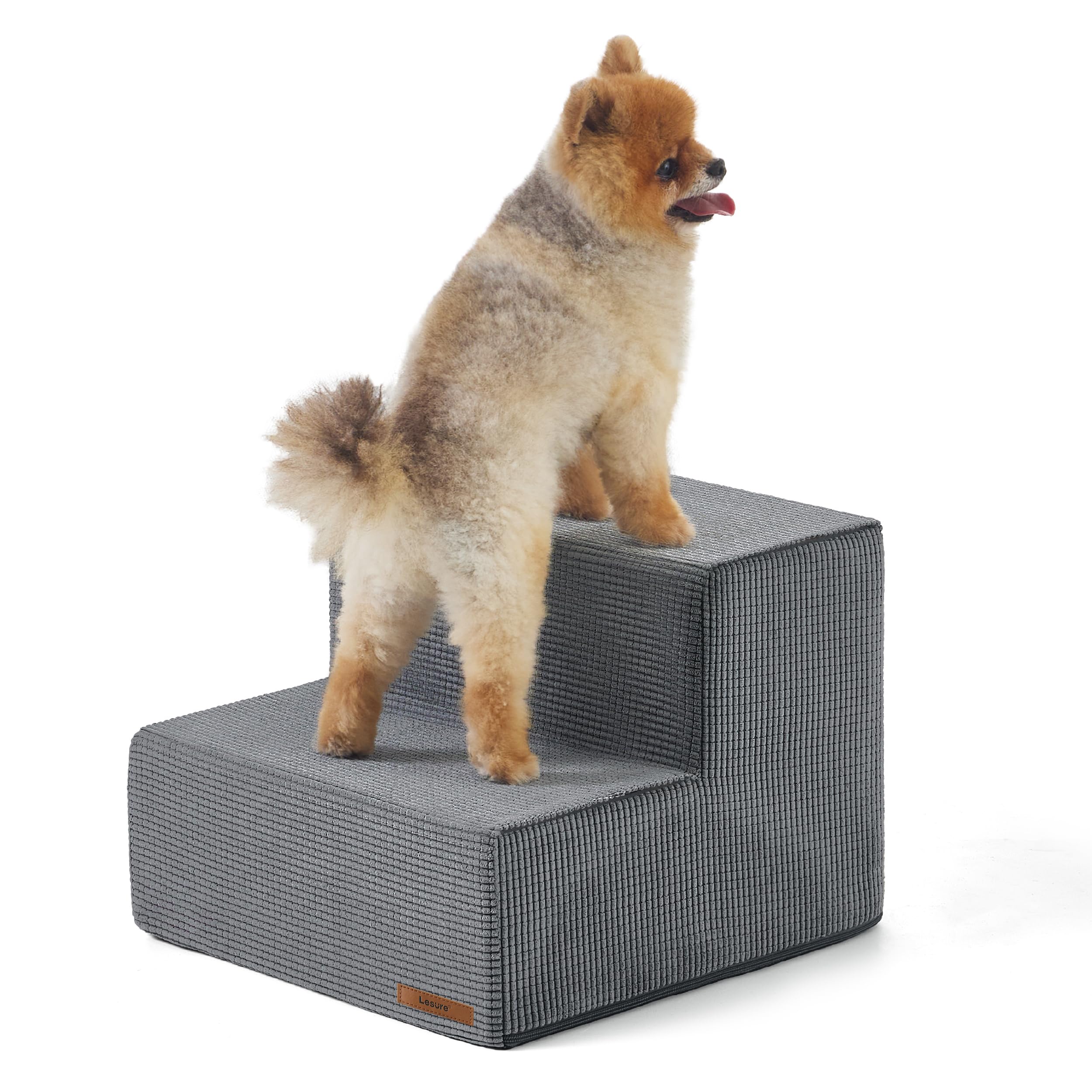 Lesure Dog Stairs for High Beds, Extra Wide Pet Stairs, 2-Steps Dog Steps for Medium/Small Dogs and Old Cats, Foldable Dog Steps with CertiPUR-US Certified Foam and Non-Slip Bottom, Grey