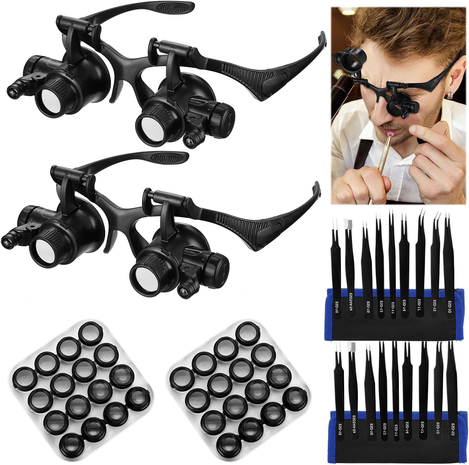 4 Sets Headband Magnifying Glasses with LED Light for Jewelry Clock Electronics Repair Magnifying Glass Loupe with Precision Tweezers and 16 Interchangeable Lenses 2.5X 4X 6X 8X 10X 15X 20X 25X