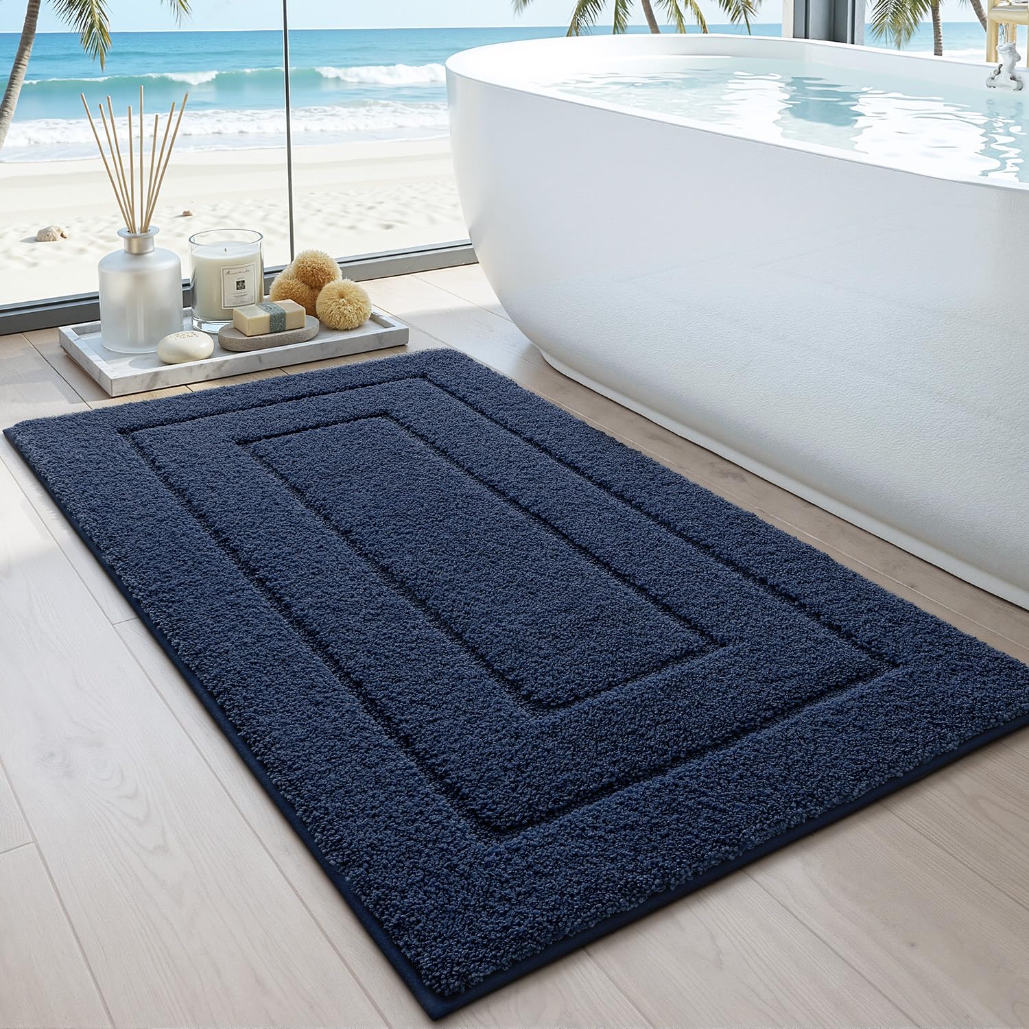 DEXI Alfombra de baño extrasuave, Absorbente, Antideslizante, cómoda, para bañera, Ducha, baño, Lavable a máquina, 61 x 109 cm, Azul Marino