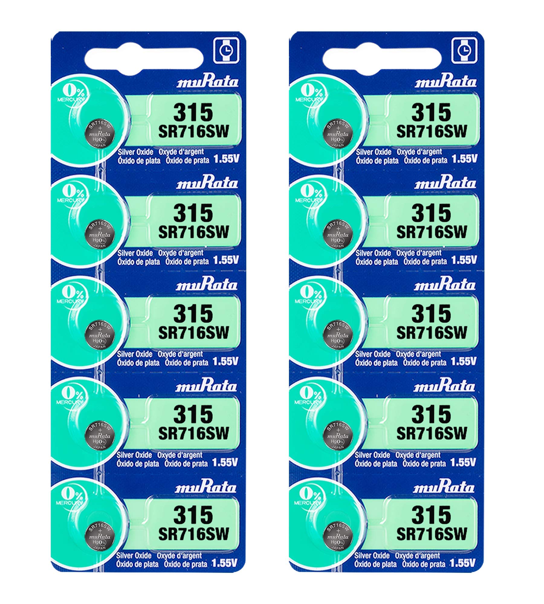 Murata 315 Battery SR716SW 1.55V Silver Oxide Watch Button Cell (10 Batteries)