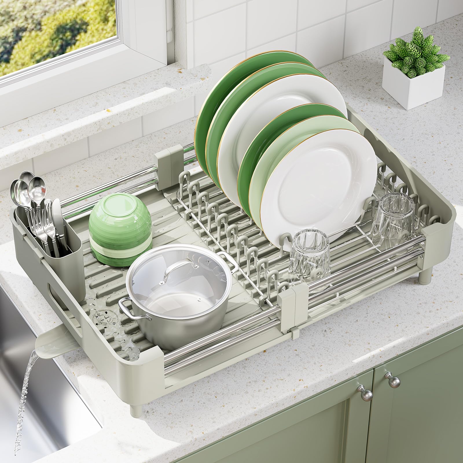 KINGRACK Scolapiatti, Grigio Bianco | Estensibile, Pieghevole, Acciaio Inox, Portaposate Rimovibile, Antigraffio