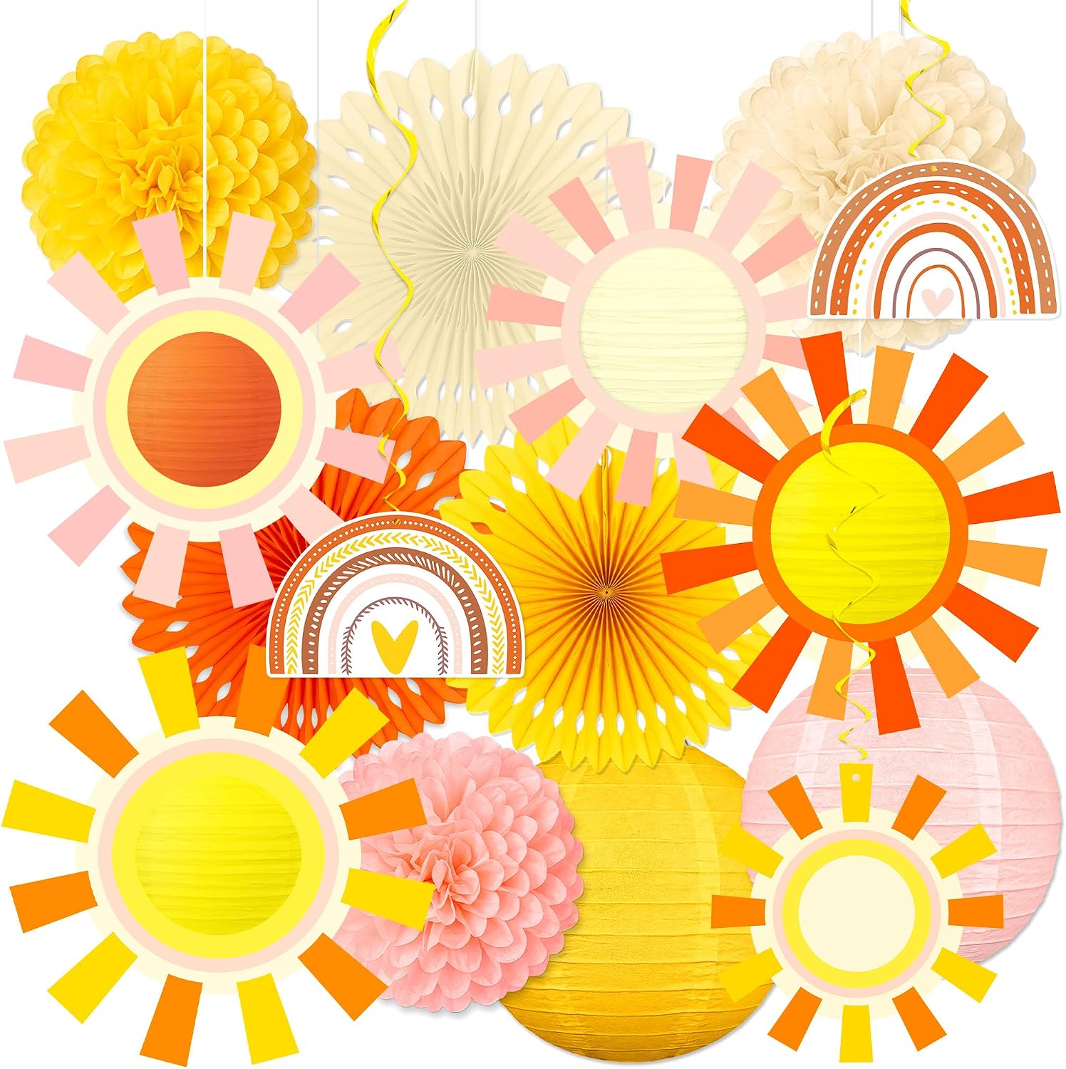 15PCS Sunshine Party Decorations Paper Lanterns Fans Poms Hanging Swirls | Boho Sun Hanging Decor for Home,Birthday,Baby Shower,Outdoor,Indoor