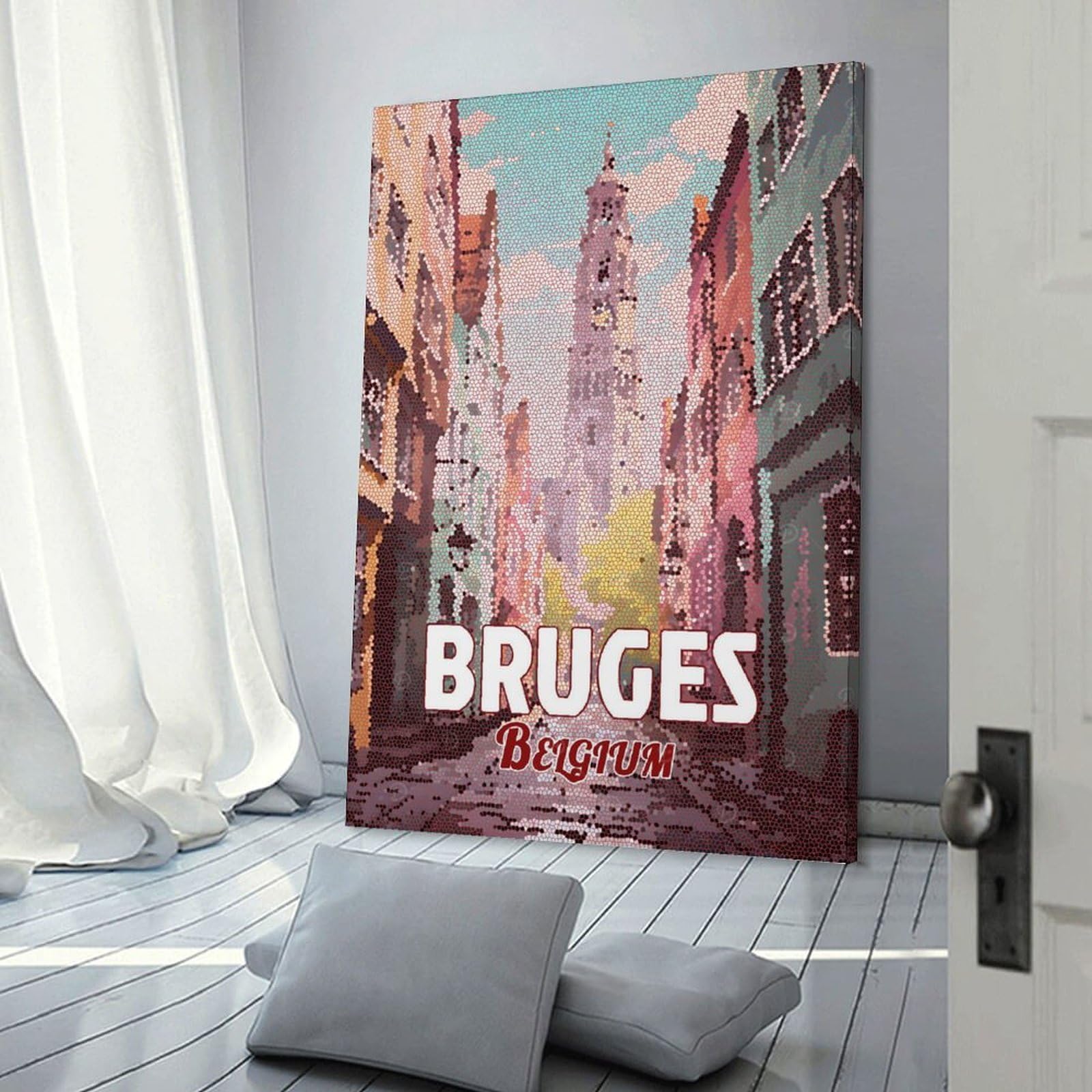 Junmoney Bruges Belgium Mosaic Art Metal Print Canvas Wall Decor, 24x36inch(60x90cm), for Bedroom, Guest Room Or Reading Nook, Canvas Wall Decor for Personal Spaces