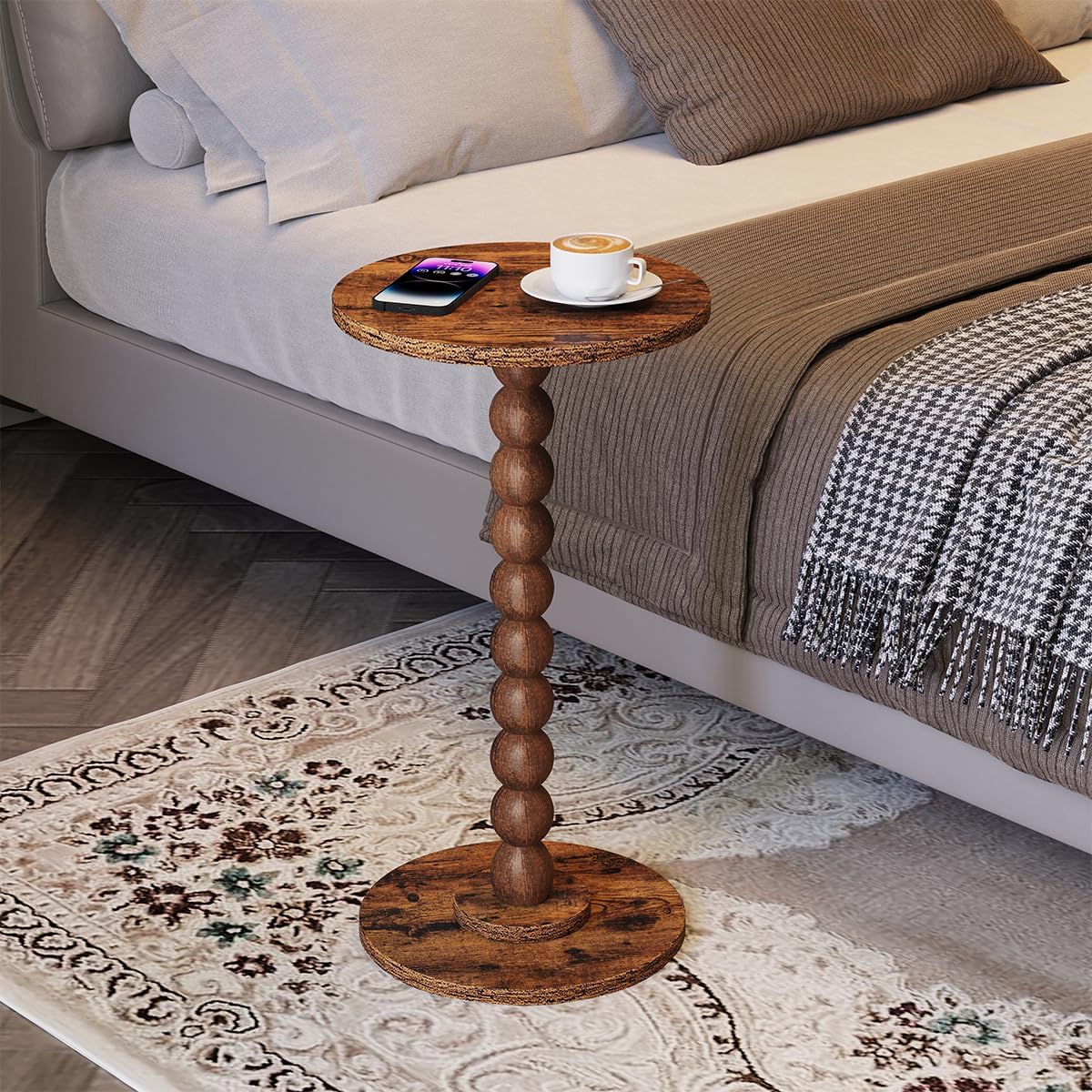 Round Side Table, Small Drink Table for Small Spaces, Pedestal End Table for Living Room, Modern Accent Nightstand with Solid Wood Leg for Bedroom, Corners and Office Brown Color UTBT005F