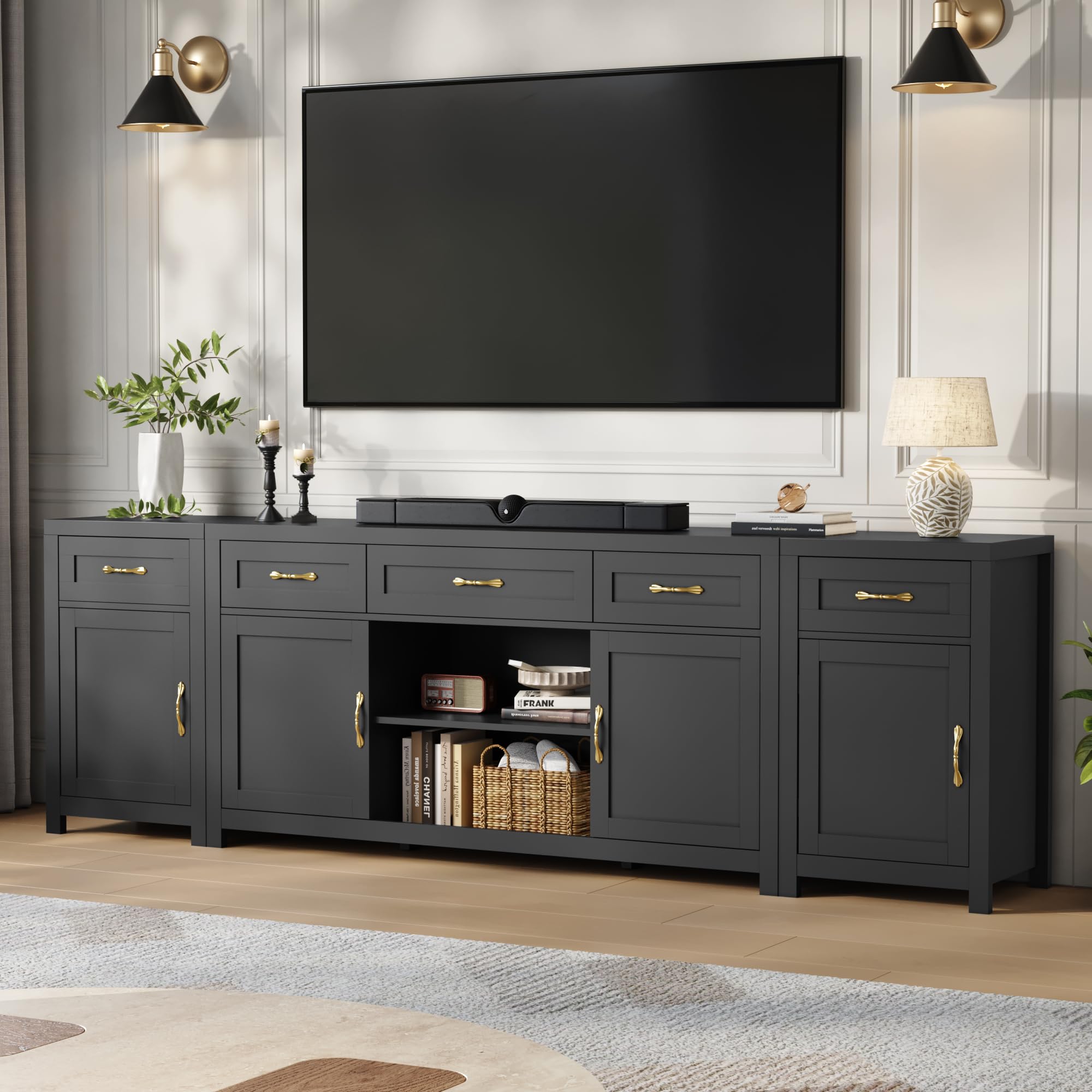 TV Stand for 100 Inch TV, Entertainment Center with Storage Cabinets and Adjustable Shelf, Mid Century Modern Media TV Console Table for Living Room Bedroom (Black)