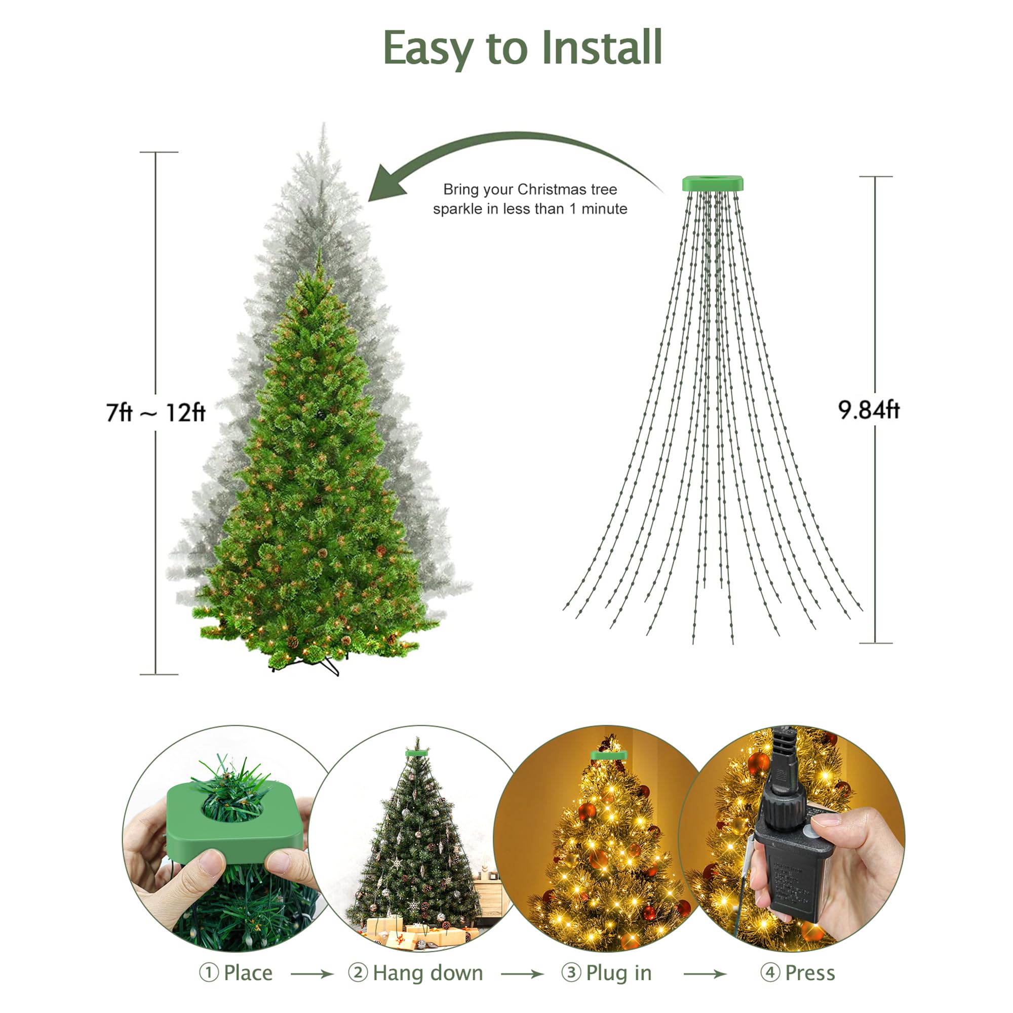 GYLEFY 3M Lichterkette Weihnachtsbaum für Weihnachtsdeko Außen-Warmweiß | 480LED, Christbaumbeleuchtung mit Ring, Easy to Install, IP65 Wasserdicht Lichterkette, Timer, 8Modi
