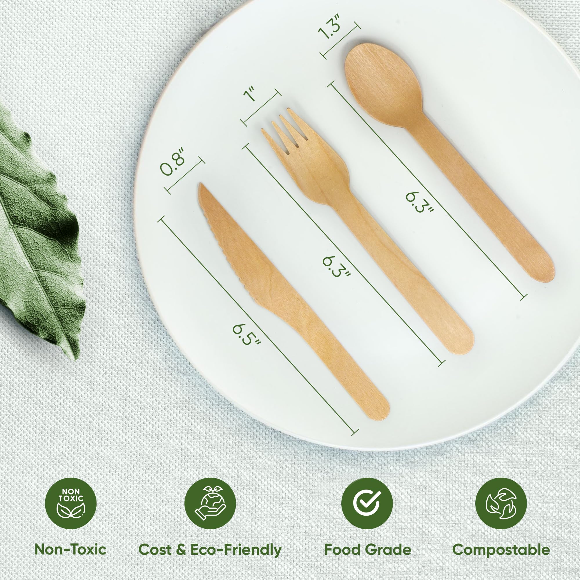 EcoPreps Set di posate in legno compostabile al 100% (350 pezzi, 150 forchette, 125 cucchiai, 75 coltelli), ecologici, naturali, biodegradabili, set di utensili usa e getta in legno, forchette,