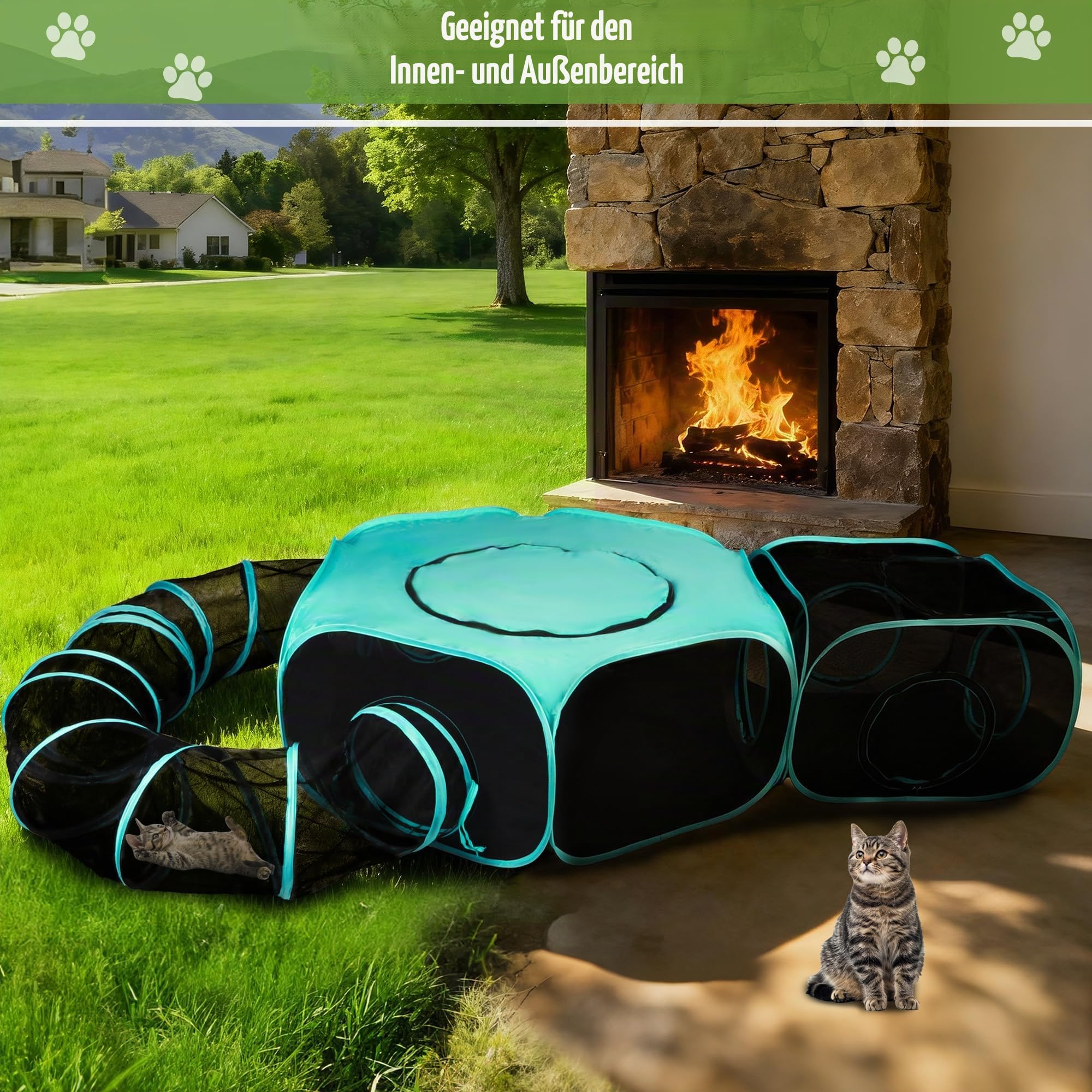 Großes Freigehege für Katzen Pop-Up Zelt, Tragbare 3-in-1 Modulare Katzenvoliere mit Vernetzten Fenstern für Innen & Außen, Reise, Garten, Park