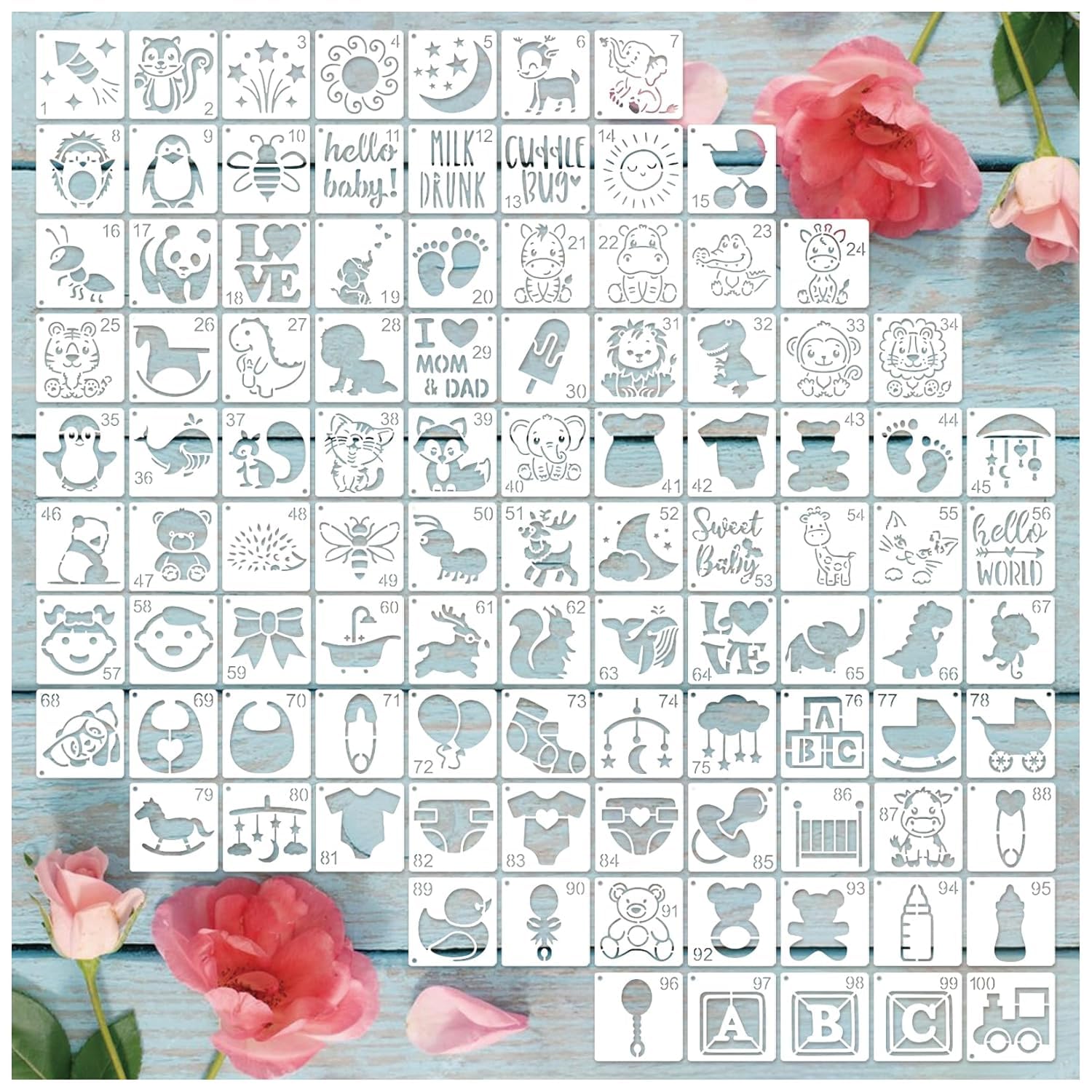 100Pcs Baby Shower Stencils for Painting Onesie Decorating Kit Fabric Stencil Reusable Templates for Painting on Onesies Shoes Bibs Clothes Cookie Bodysuit (100 pcs)-image-32