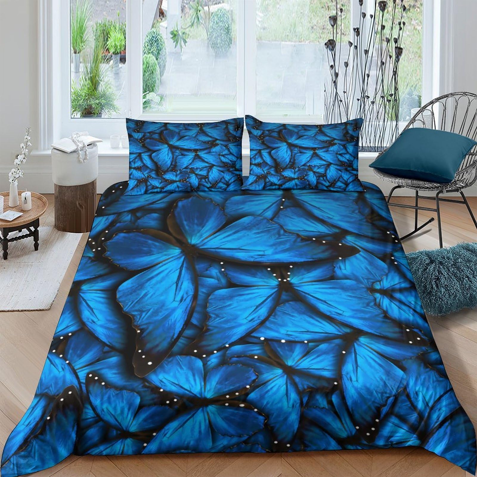 GPLZQXKJNH 3D Printed Blue Butterfly Duvet Cover Microfiber Soft Breathable Insect Bedding Set with 2 Pillowcases for Bedroom Decor Single（135x200cm）
