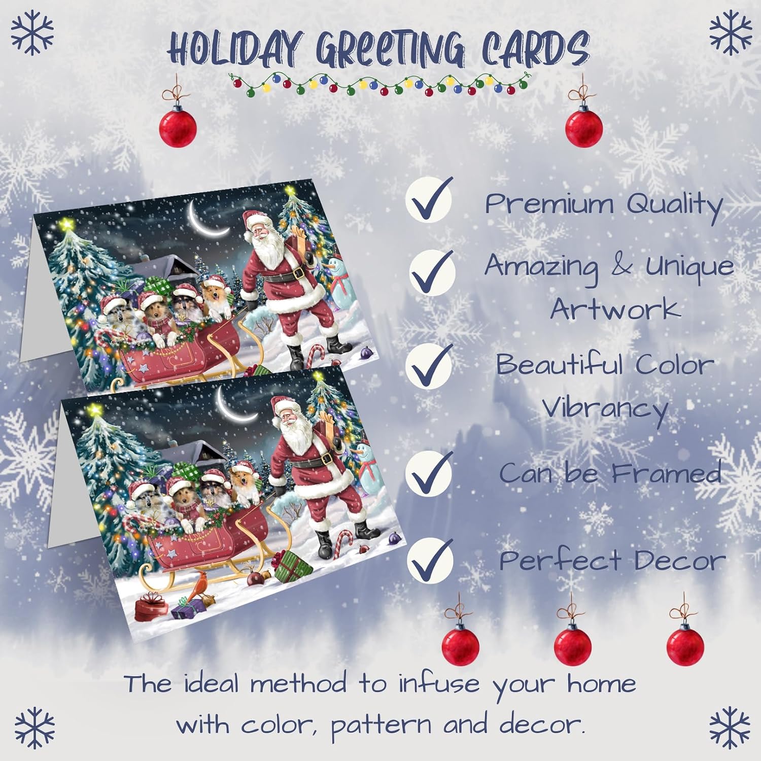 Christmas Santa Sled - Rough Collie Dogs Greeting Cards - Adorable Pets Invitation Cards with Envelopes - Pet Artwork Greeting Cards for All Occasions (10 Greeting Cards)