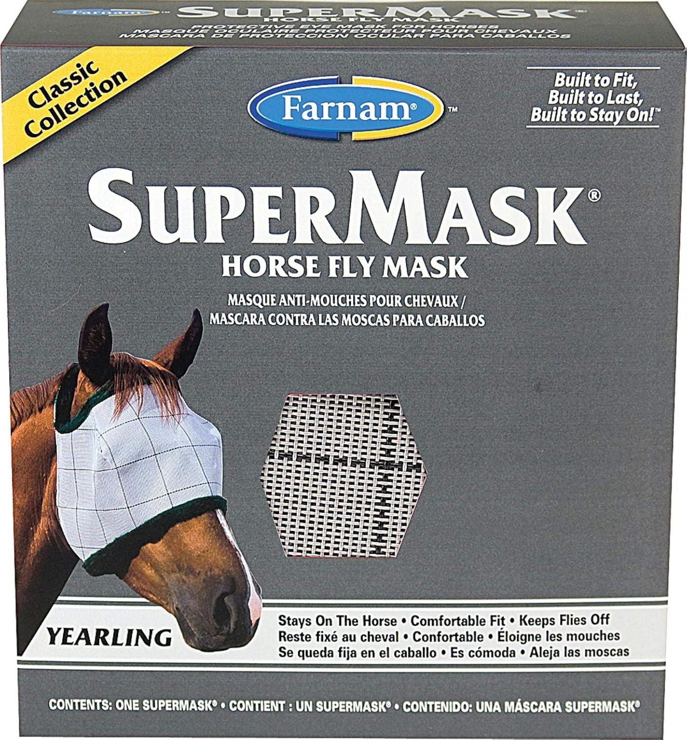 SuperMask II Fly Mask Without Ears for Yearling Horses, Full Face Coverage and Eye Protection from Insect Pests, Structured Classic Styling Mesh with Plush Trim, Yearling Size