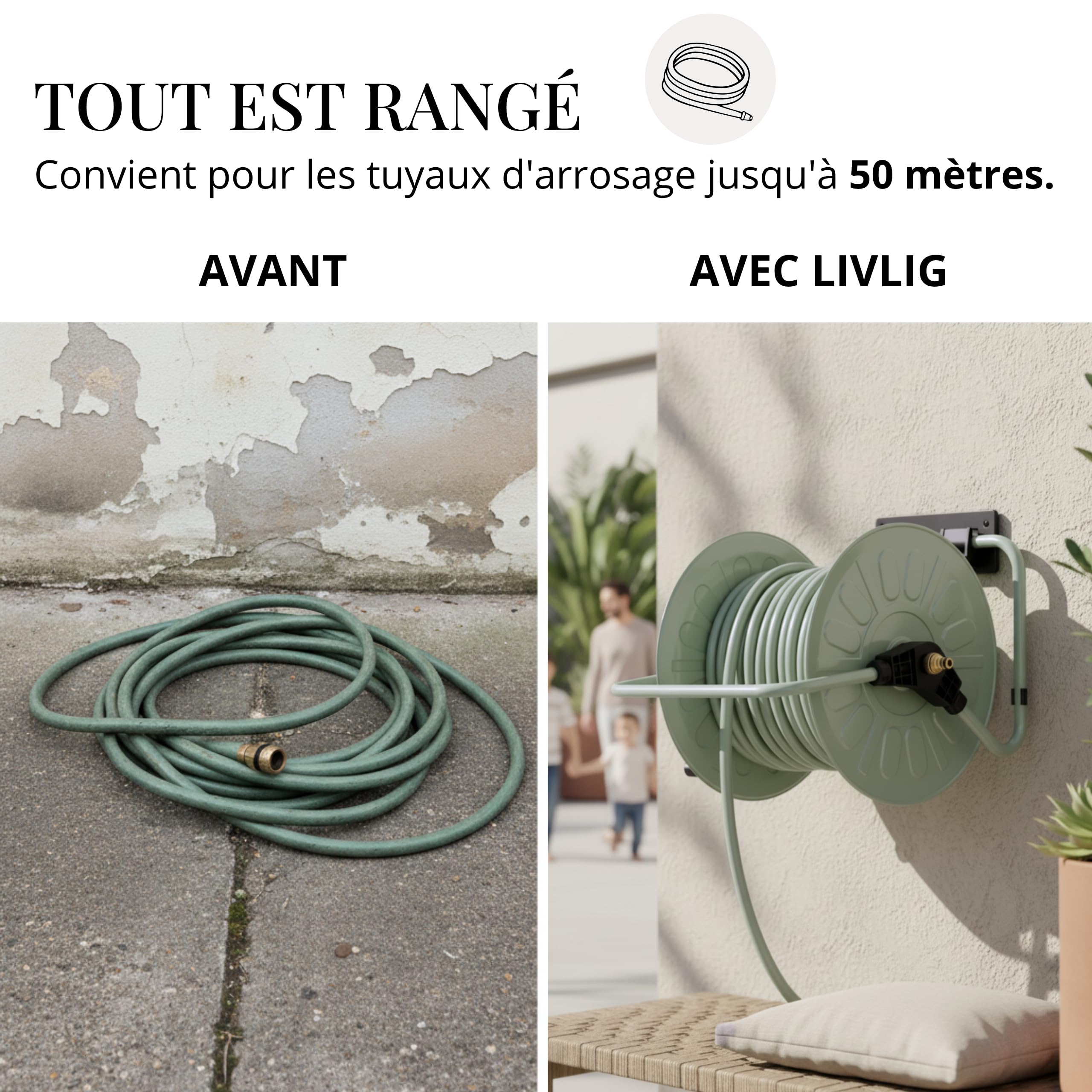 Livlig53 LIVLIG Enrouleur de tuyau d'arrosage en métal de 50 m, avec revêtement par pulvérisation, montage mural et au sol, fabriqué en Italie, vert