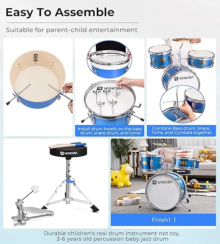 Miniatura 7 de Juego de batería para niños, kits de batería para principiantes de 14 pulgadas, juego de batería de 3 piezas para niños y niñas, con trono