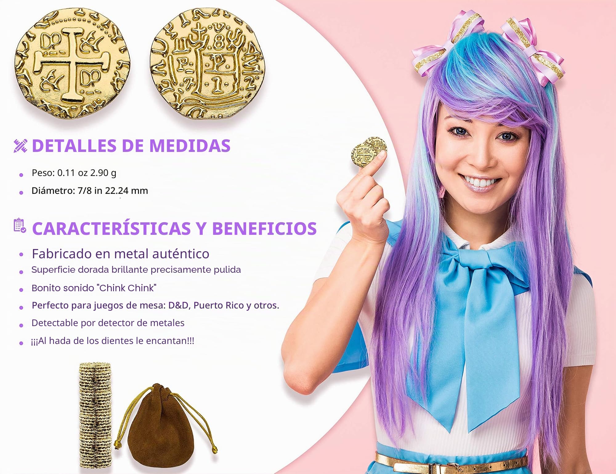 Leib Games Monedas Piratas de Metal - 100 Monedas De Oro para Juegos De Mesa Adulto, Juegos De Mesa Niños, Cofre del Tesoro, DND, Gloomhaven Dinero Falso - Tamaño M