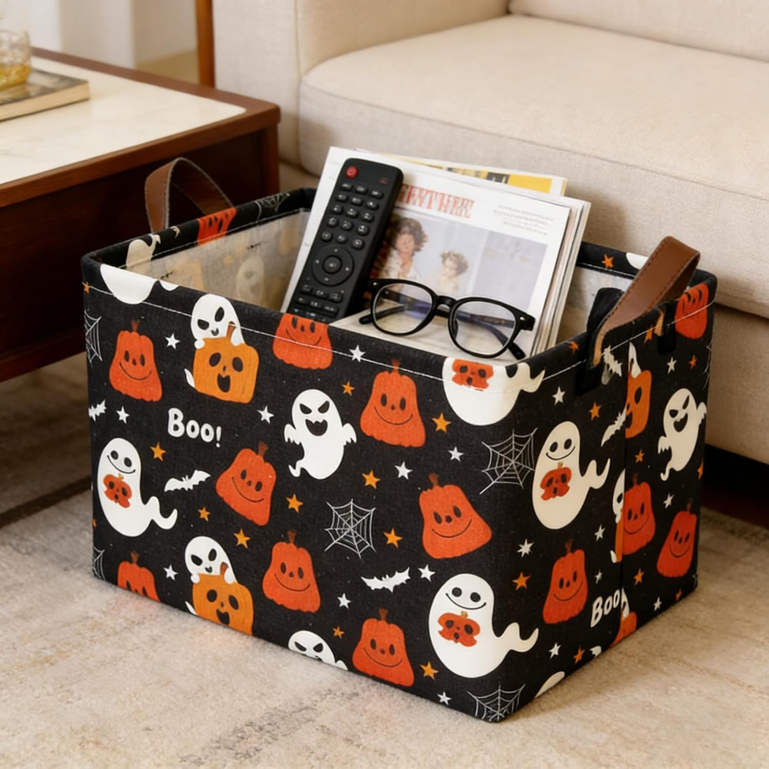Laundry Basket Canvas Collapsible Storage Basket with Handles Children's Storage Basket for Home, Books (Black Ghost)