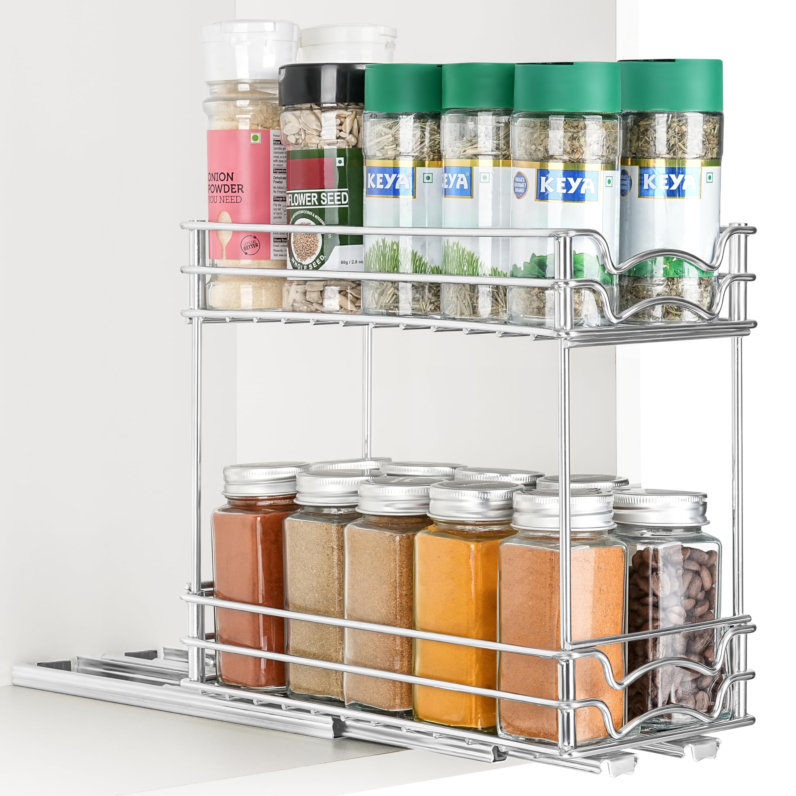 Winter Shore Porta Spezie per Armadietti a 2 Livelli - Organizer Estraibile per Armadietti da Cucina - Scaffale Estraibile Verticale per Organizzare la Dispensa - Cassetti Estraibili