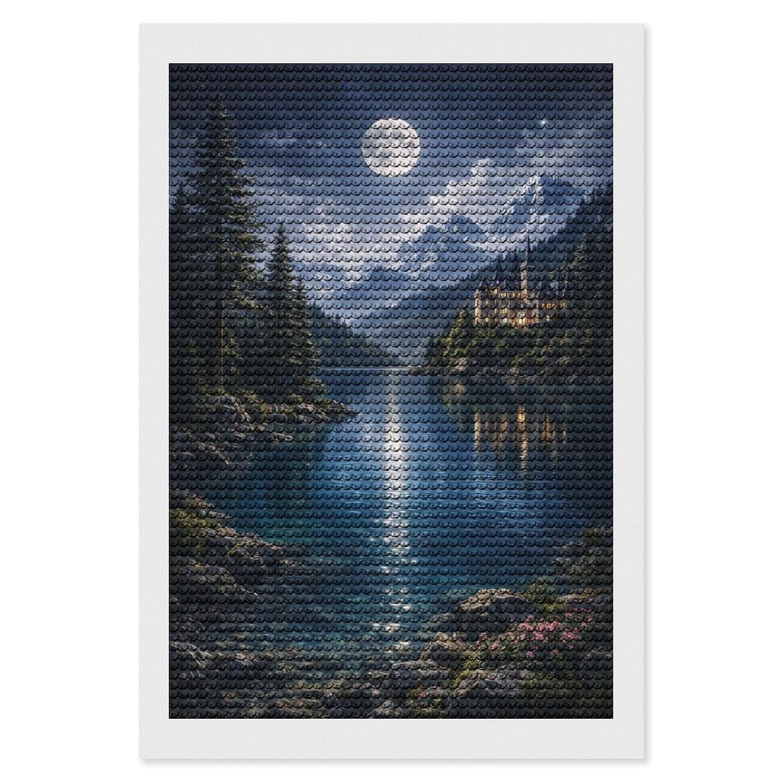 Junmoney Enchanted Castle by Moonlit Lake DIY Diamond Art Canvas Kit 8"x12", Farmhouse Decor, Vintage Style Decor, Handmade Wall Decor, Canvas Picture