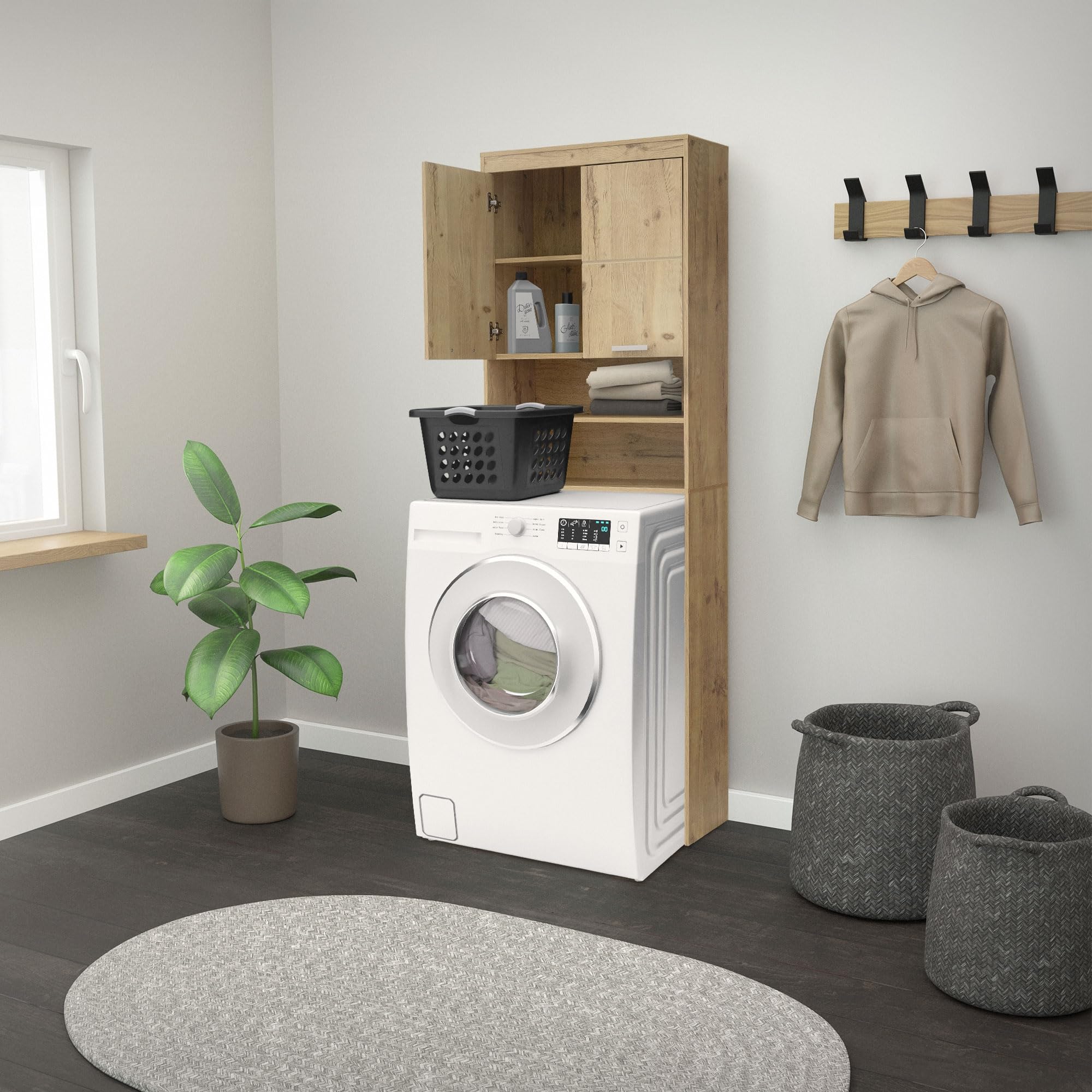 ECD Germany Armario de Lavadora/Secadora Organizador con 2 Puertas y 2 Compartimentos Abiertos 63 x 24 x 187 cm Madera de Roble MDF Mueble De Baño Alto Estantería Moderna Sobrestructura De Lavadora