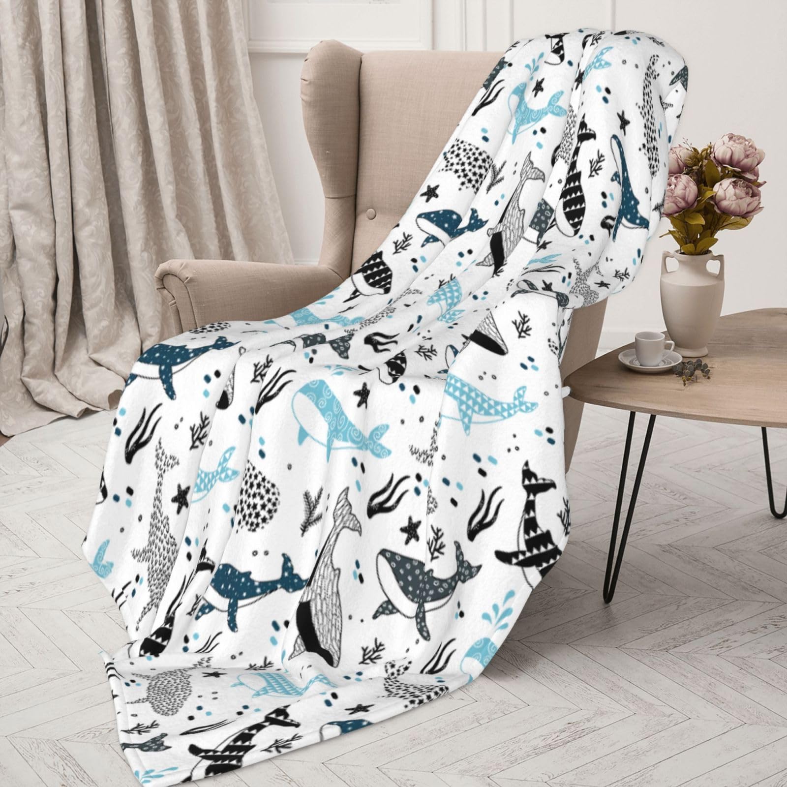 Whales Throw Blanket Lightweight Warm Flannel Fleece Blankets Cozy Soft Air Conditioning Blanket Gifts for Women Men Girls Boys 50