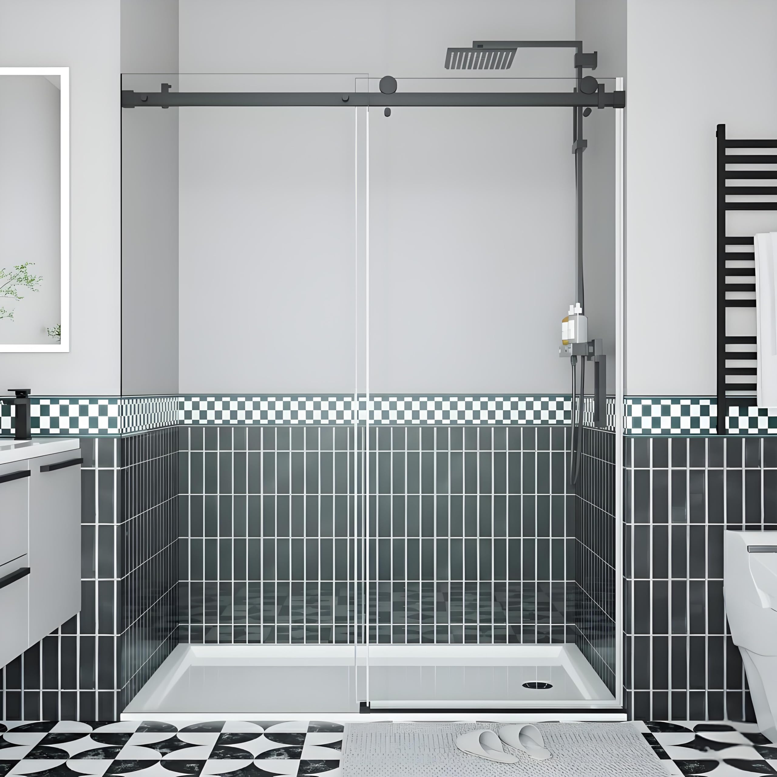 Frameless Sliding Shower Door for 44-48" x 76" Opening, 6mm Coated Tempered Glass, One Fixed &amp; One Sliding Panel, Square Stainless Steel Track, Matte Black Finish
