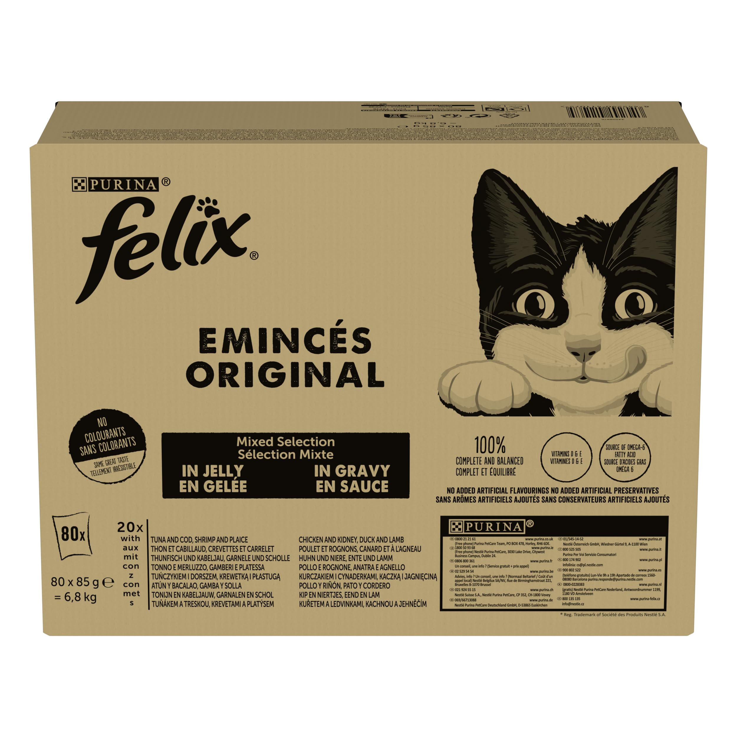 Purina Felix Original Comida húmeda para Gatos con atún, camarones, Pollo, Pato, 80 Sobres de 85 g