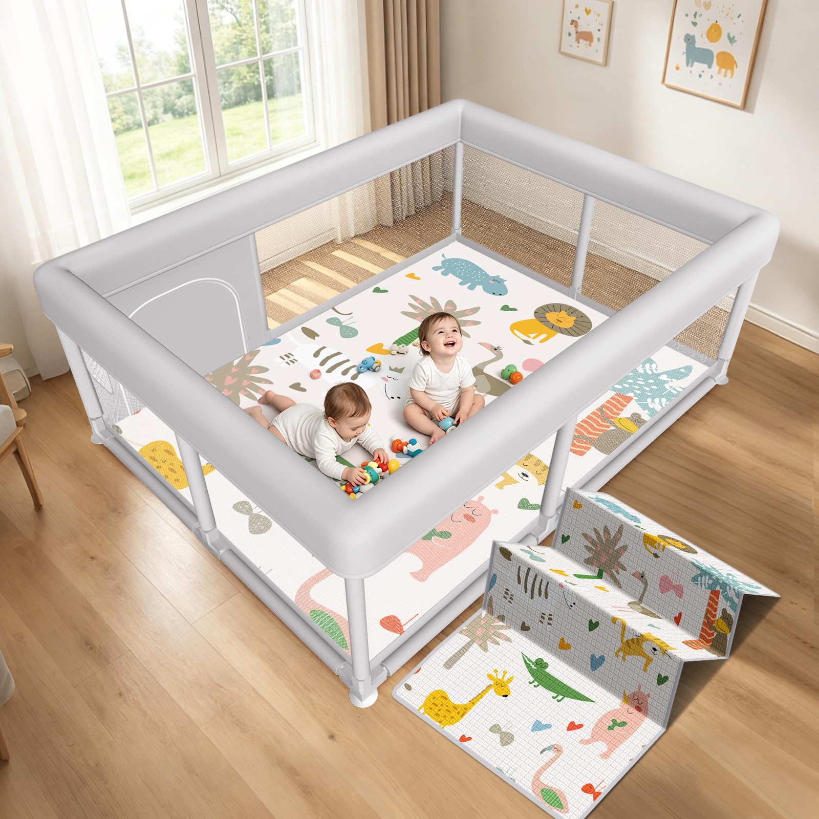 Photo 1 of Hiaksedt Baby Playpen with Mat 65 x 50 Inch, PlayPen for Babies and Toddlers, Sturdy Safety Play Yard for Indoor & Outdoor with Zipper Gates