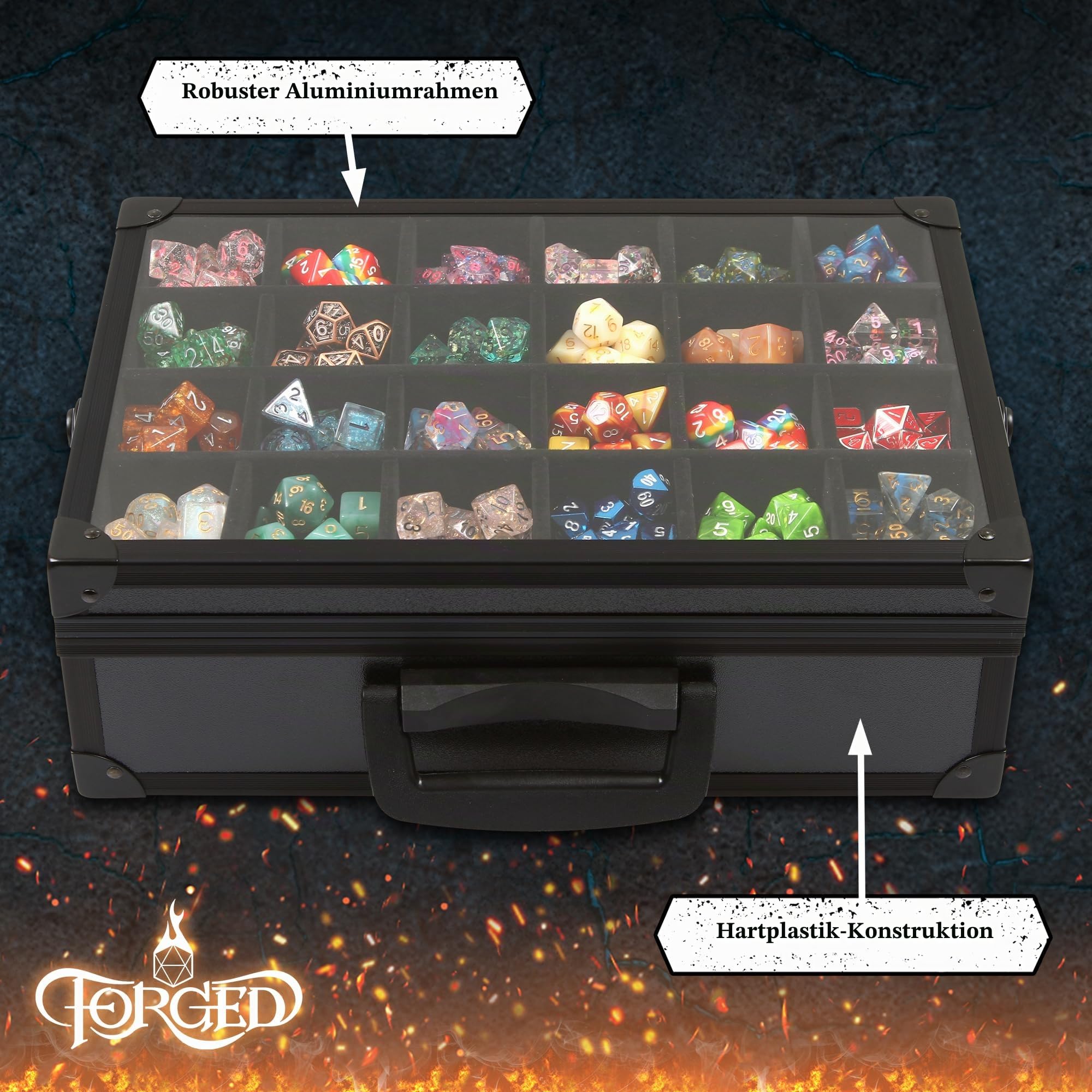 Forged Dice Co. Würfelvitrine und Rolltablett mit 3 herausnehmbaren geteilten Würfelablagen – Aufbewahrungsbox für bis zu 720 polyedrische Würfelsets aus Metall oder Kunststoff – ideal für