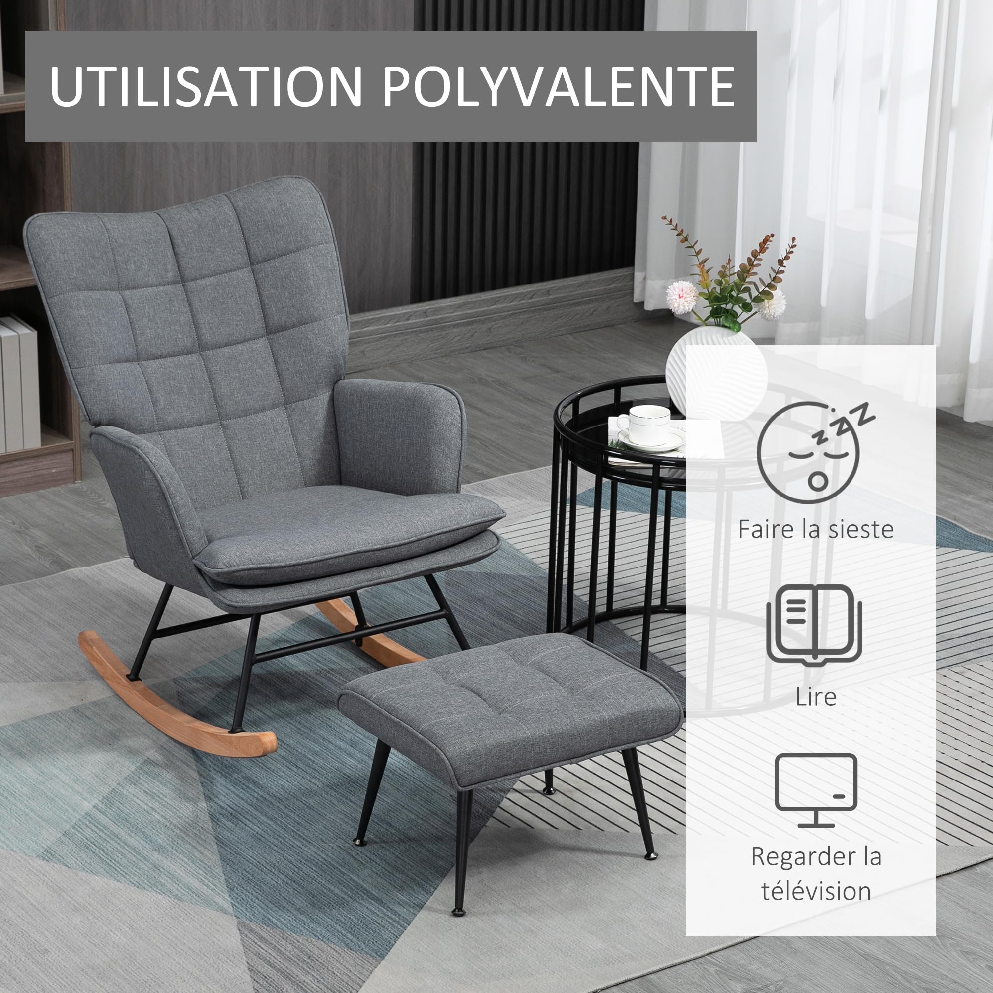 HOMCOM Fauteuil à Bascule avec Repose-Pieds, Rocking Chair en Tissu Aspect Lin, Assise Large, Dossier Haut, Coussin Inclus, Chaise à Bascule pour Salon, Chambre, Gris