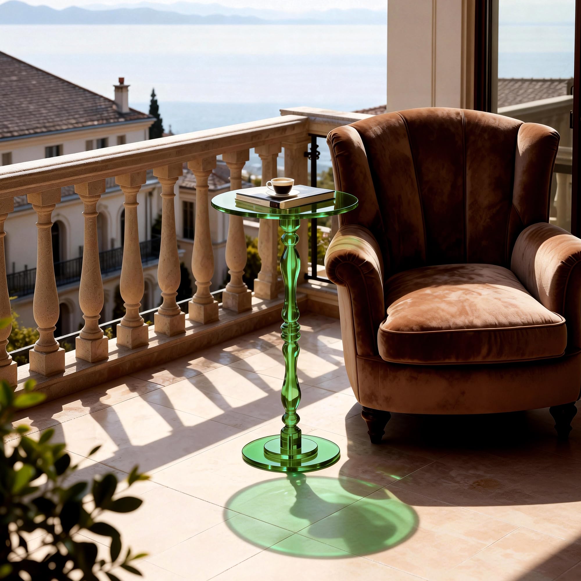 Tavolino da Salotto Rotondo in Acrilico, Piccolo Trasparente con Base Decorativa, 30 x 30 x 58 cm (Verde)