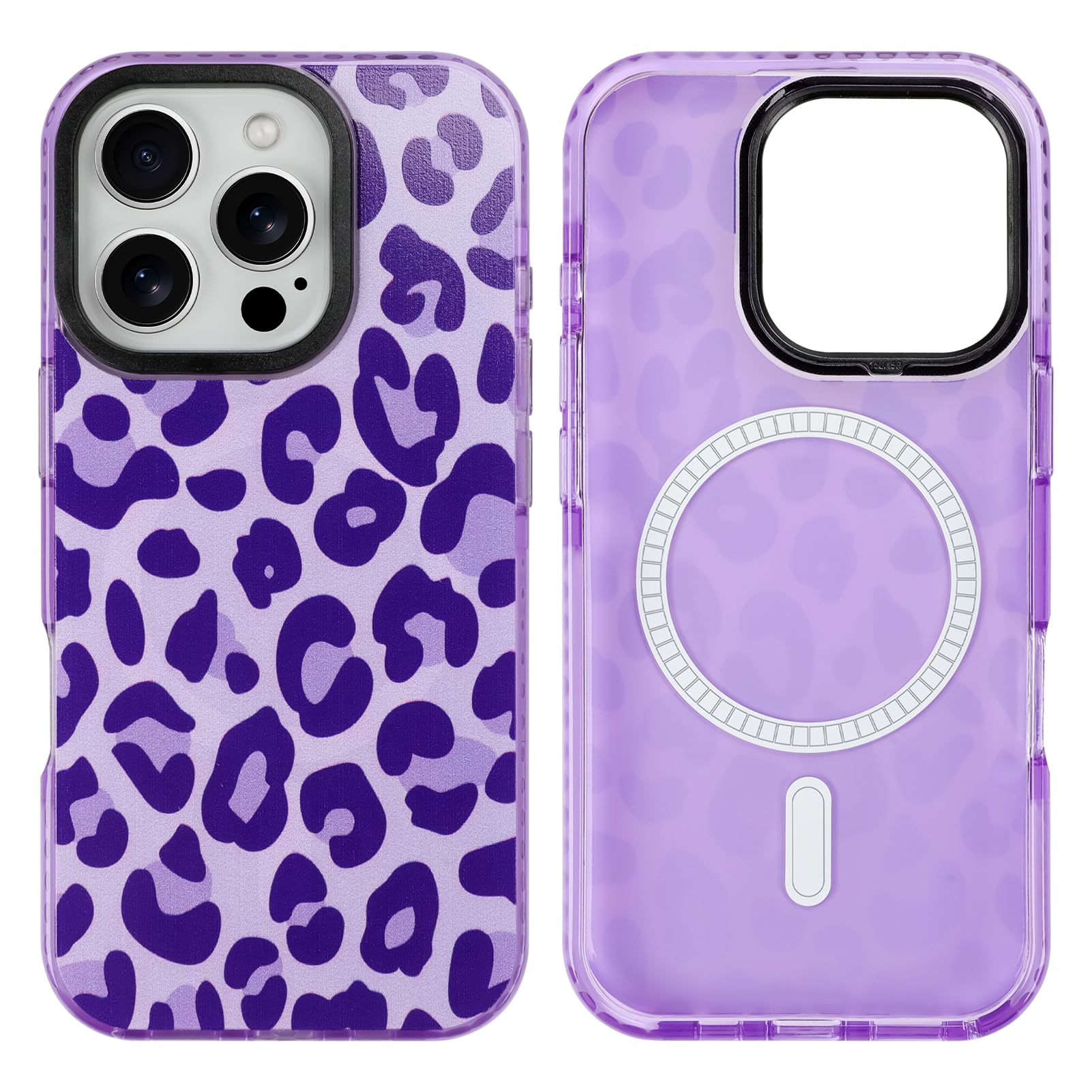 SAKUULO Magnetic for iPhone 16 Pro Case Dark Purple Leopard Print Pattern [Compatible with MagSafe] [with Screen Protector] Wireless Charge Strengthen