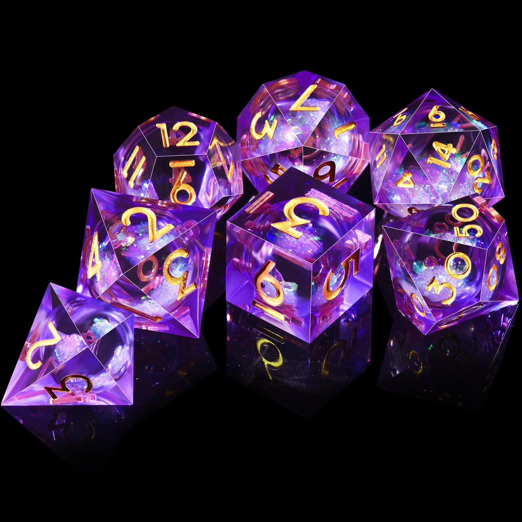SIQUK Juego de 7 dados poliédricos de núcleo líquido D4 D6 D8 D10 D12 D20 D% D% para DND RPG MTG, color morado - 4