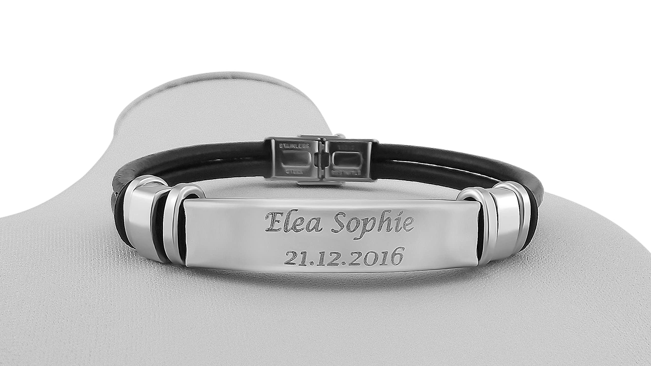 Personalisiertes Armband mit Gravur für Männer und Frauen Edelstahl Leder schwarz Länge 21 cm | Personalisierte Armbänder mit Namen Herren Damen