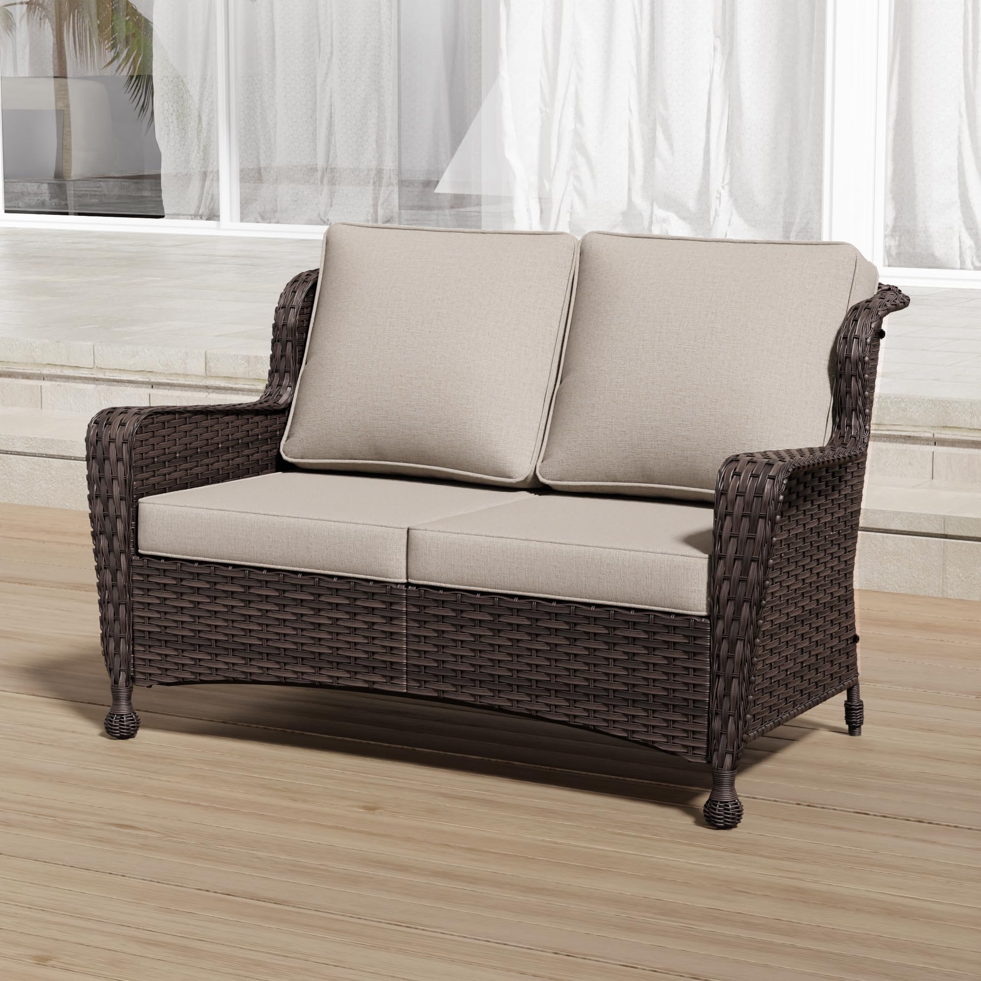 Audumas Wicker Patio Loveseat, All-Weather Rattan 2-Seat Sofa with Cushions, Outdoor Patio Furniture Set for Patio, Balcony, Backyard, Deck, Poolside