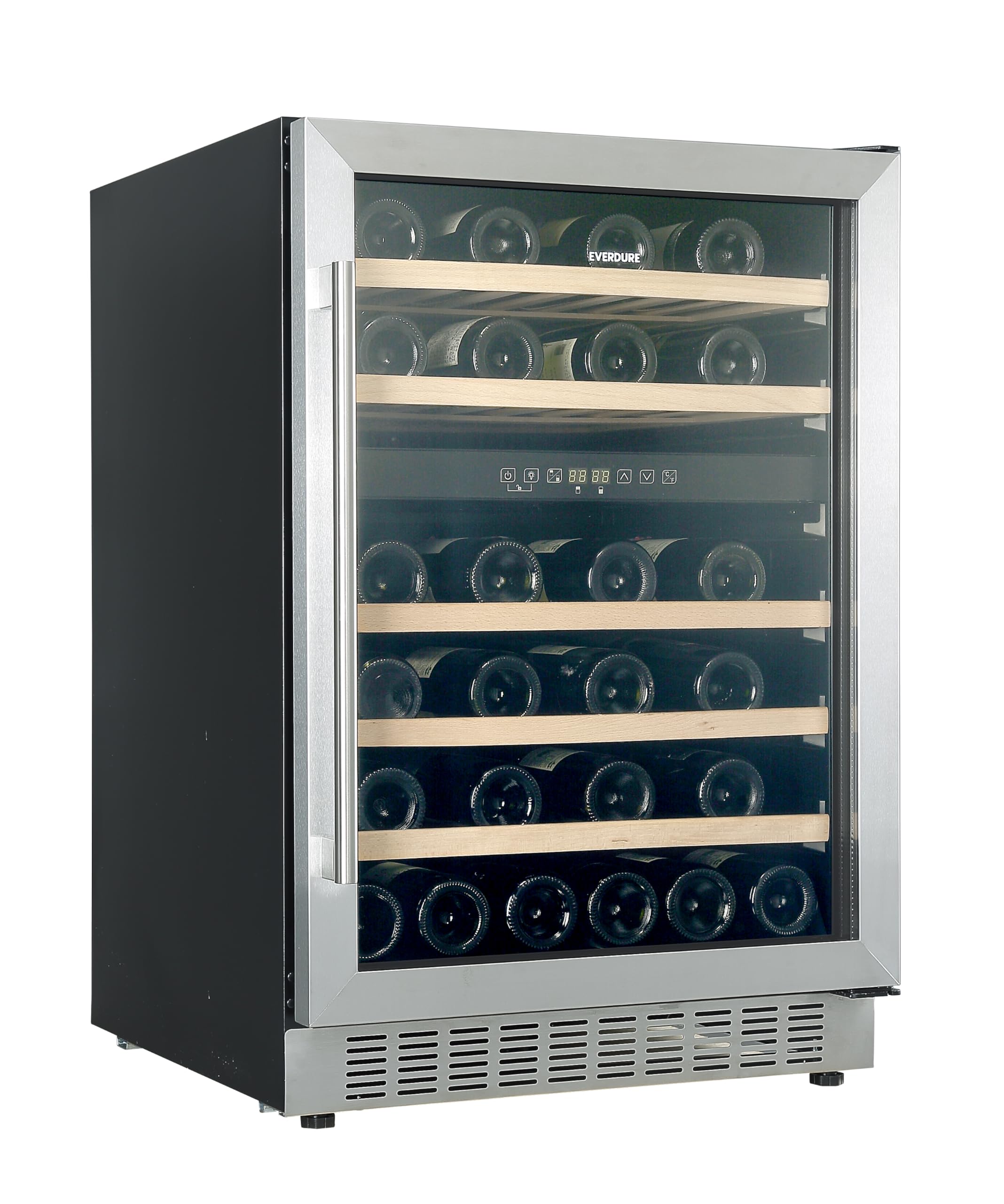 Everdure 46 Bottle Luxury Wine Cooler & Beverage Refrigerator, Built in or Free-Standing, Dual Zone, Stainless Steel with Reversible Glass Door, Beech Wood Shelves and LED Display Touchpad