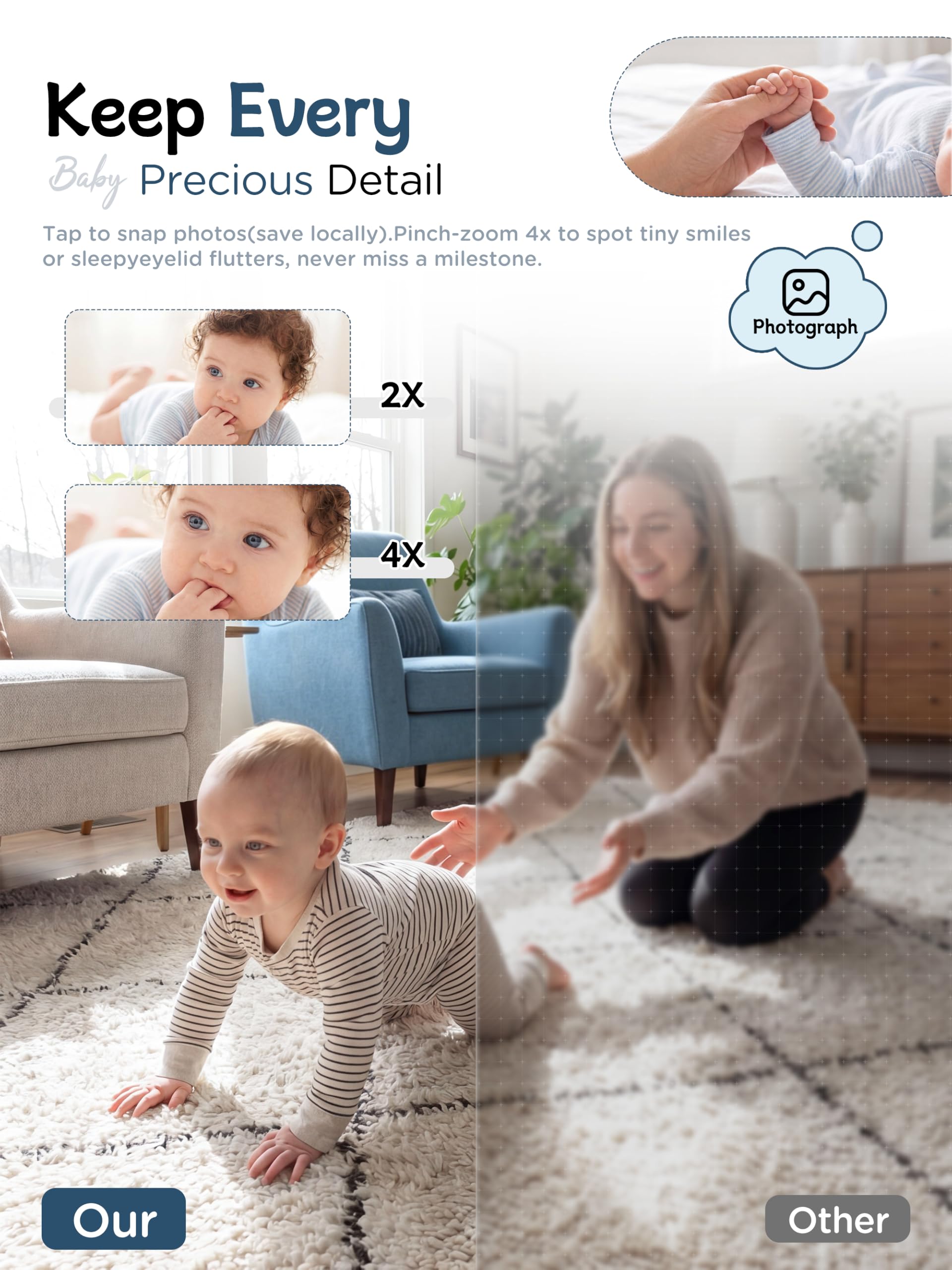 Moniteur bébé avec caméra et vision nocturne, sans WiFi, avec clip de lit et support
