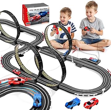 Slot Car Race Track Set for Kids Ages 6-12 Boys & Girls, Dual Racing Game 2 High-Speed Cars 1:64 Scale, Battery or Electric Powered Plug-in Track, Gift Toy Stocking Stuffers for Children