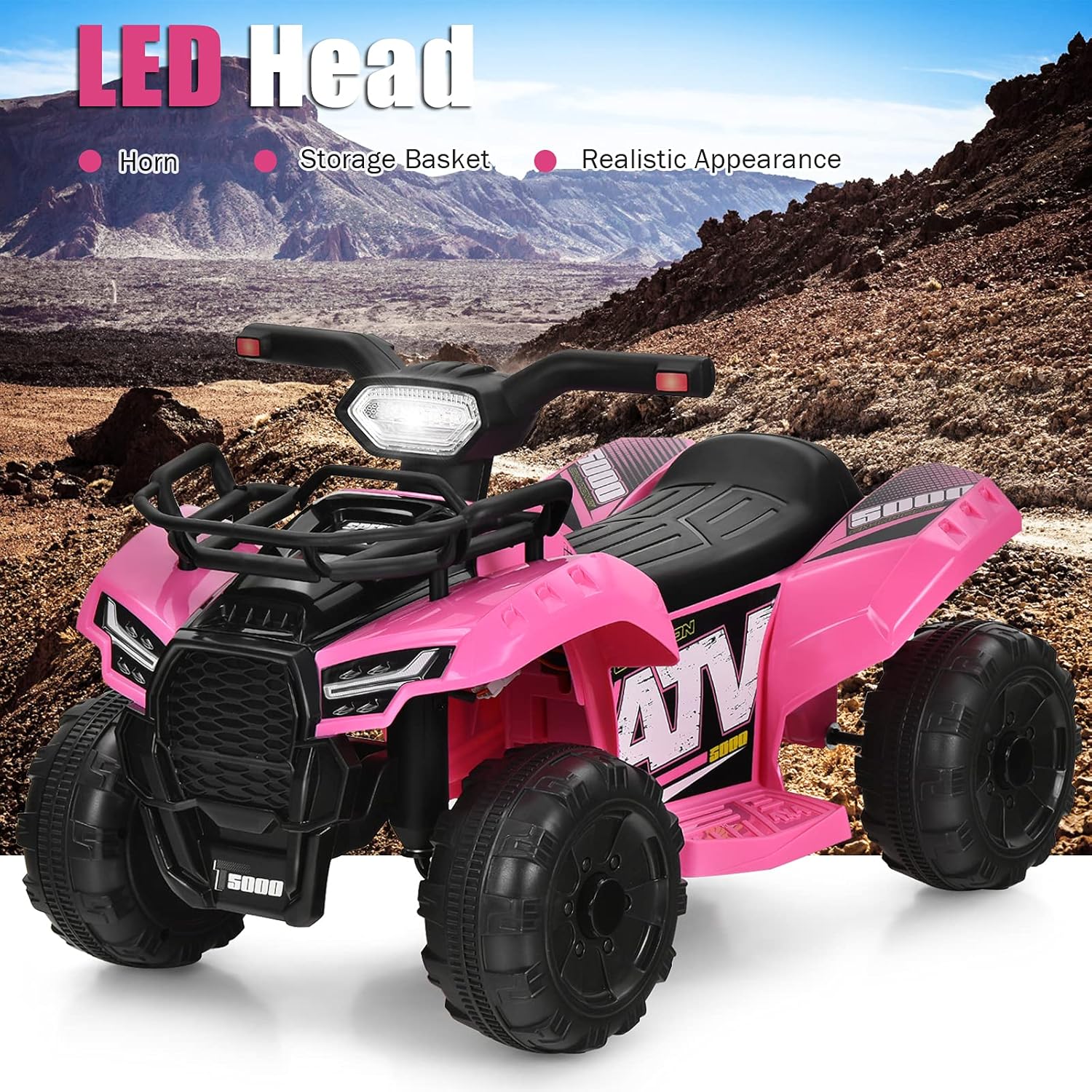 Costzon Kids ATV, 6V Battery Powered Electric Vehicle Four Wheeler Quad w/Storage Basket, Headlight, Horn, Music, MP3 & USB, Toddler 4 Wheeler Ride on Car Toy for Boys Girls 18-36 Months (Pink)