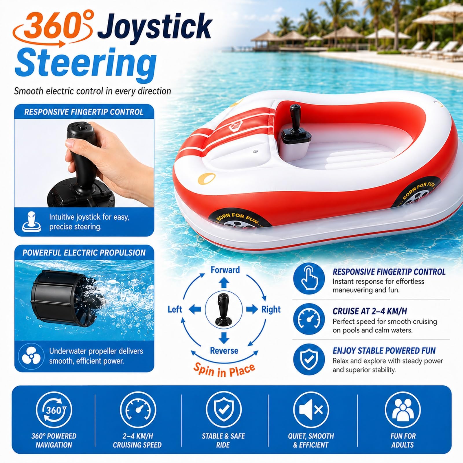 Flotador Inflable Motorizado For Piscina | Carga Máxima: 120 Kg, Doble Batería Y Bomba Aire Inalámbrica, Giro De 360° Y Función De Impacto