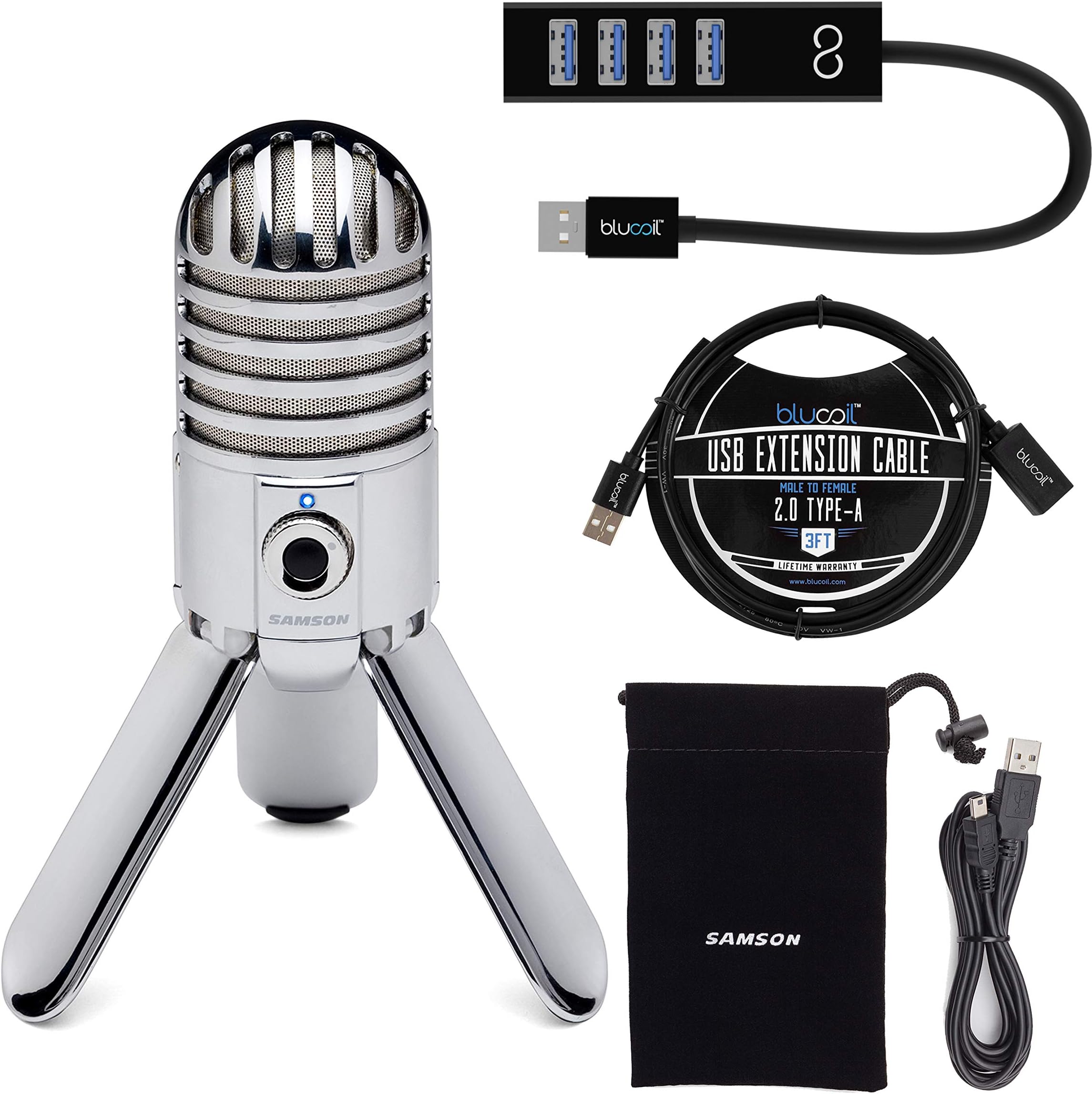 SAMSONMeteor Mic USB Studio Condenser Microphone with Mute Switch for Windows and Mac (Chrome) Bundle with Blucoil 3-FT USB 2.0 Type-A Extension Cable, and Mini USB Type-A Hub with 4 USB Ports