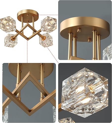 Miniatura 8 de AMZASA Lámpara de techo semiempotrada, moderna lámpara de techo de cristal dorado para entrada, pasillo, comedor, cocina, sala de estar, dormitorio