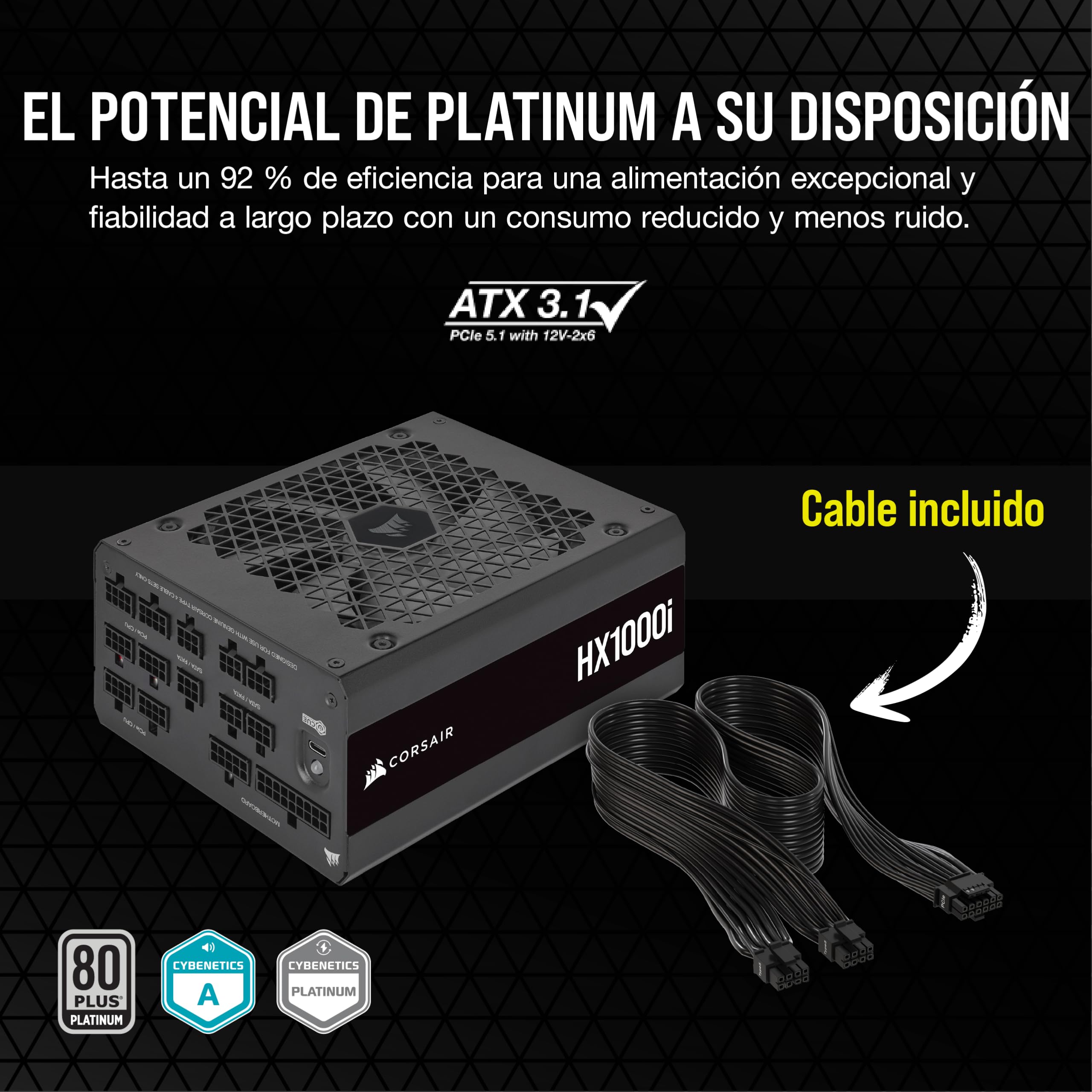Corsair HX1000i Fuente de Alimentación ATX Totalmente Modular de Muy Bajo Nivel Sonoro - Compatible con ATX 3.1 y PCIe 5.1 -Ventilador con Rodamiento Dinámico Fluido - 80 Plus Platinum - Negro