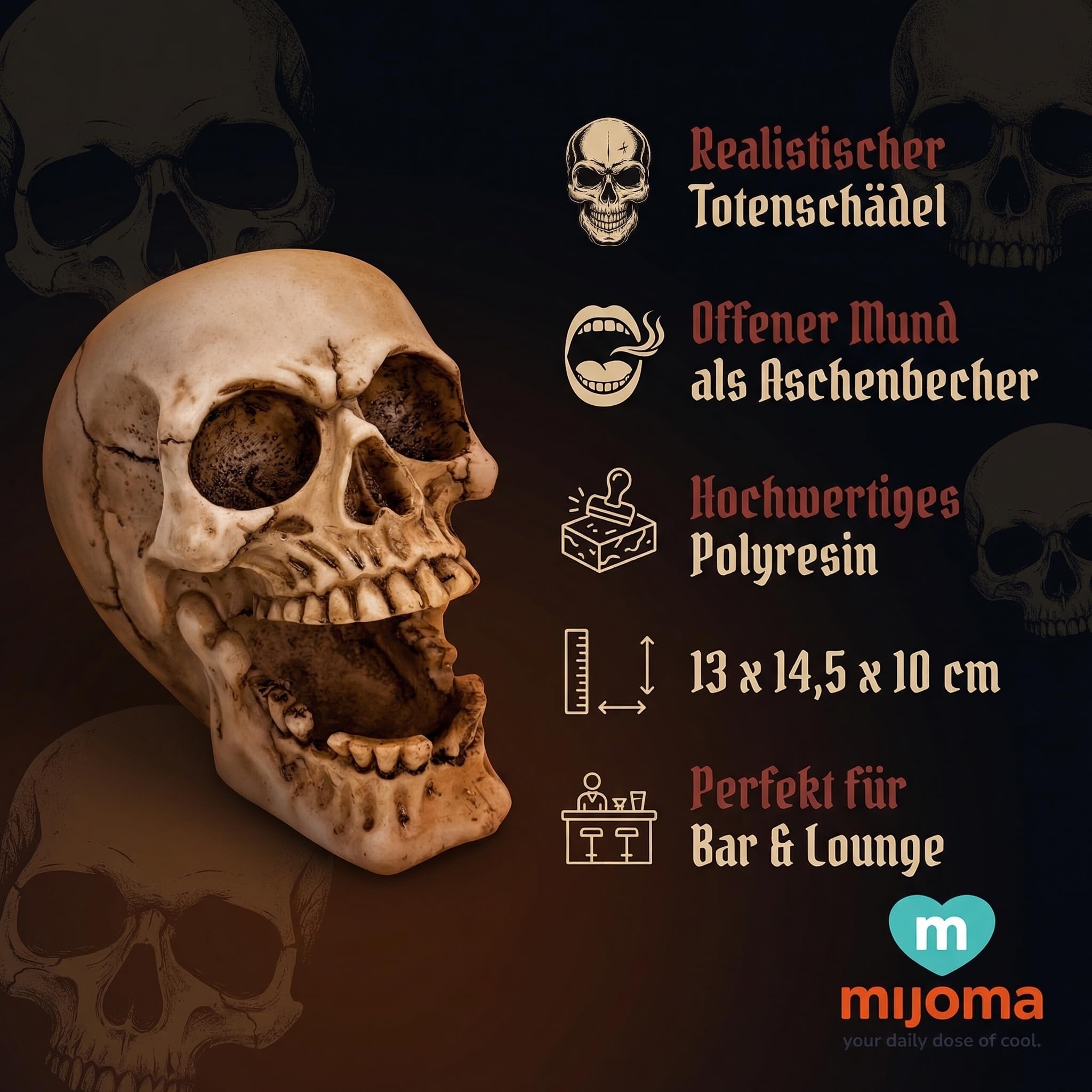 MIJOMA Gothic popielniczka – czaszka z otwartymi ustami – dekoracyjny design z poliresin – efektowna czaszka przyciągająca wzrok, idealna dla baru, lounge i fanów horroru