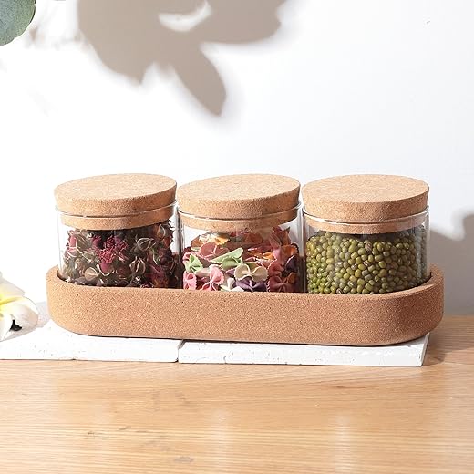 UMAI Borosilicate Glass Jars with cork lids and a cork tray | 270ml Pack of 3 | Airtight Containers with Lid | Kitchen Organizer | Multipurpose | Ideal for Snacks Spices Tea…