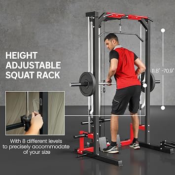 Soozier Power Cage Smith Machine, Multi-Function Power Rack with Pull Up Bar, LAT Pull Down System and Squat Rack, Barbell Bar, Plate Storage Posts, Landmine, for Home Gym