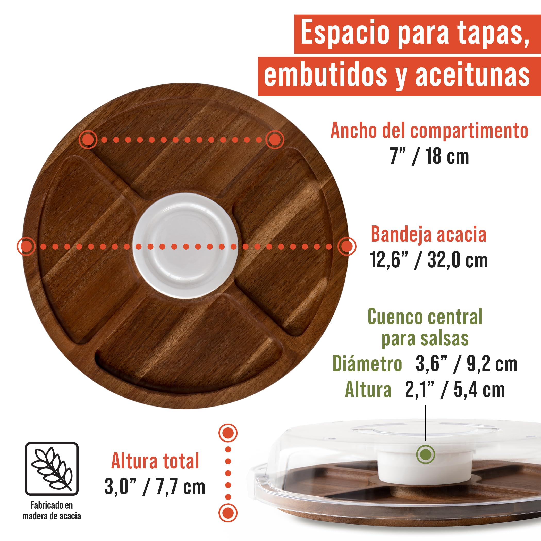 Chef Pomodoro Tabla de Quesos con Tapa (34 CM), Queseras para Guardar el Queso, Tabla para Quesos y Aperitivos, Tabla de Queso y Embutidos Madera, tabla de charcutería portátil, Redonda